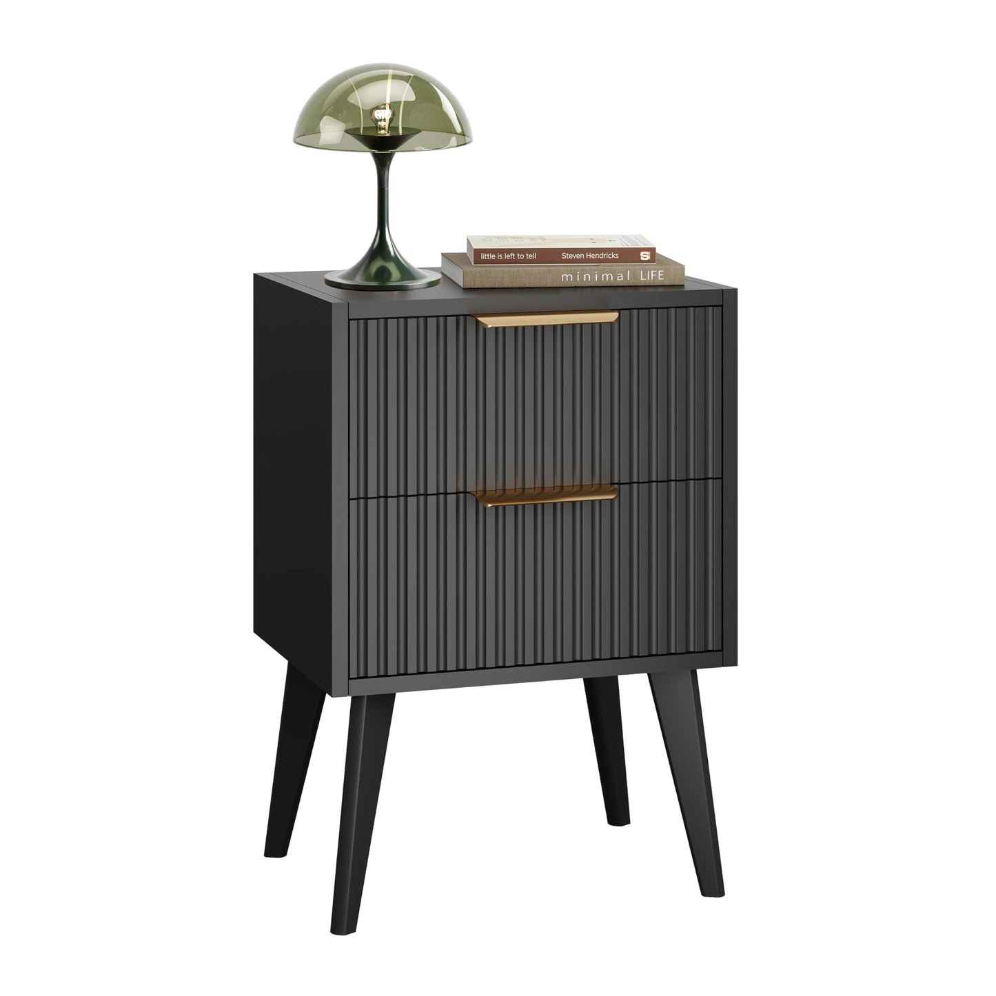 YAUKOMEL Small Night Stand,Bedside Table,Black Nightstand with 2 Storage Drawers,Fluted Side Table with Solid Wood Legs,Mid Century End Table for Living Room,Bedroom,Small Space,Black CAACTG55BK
