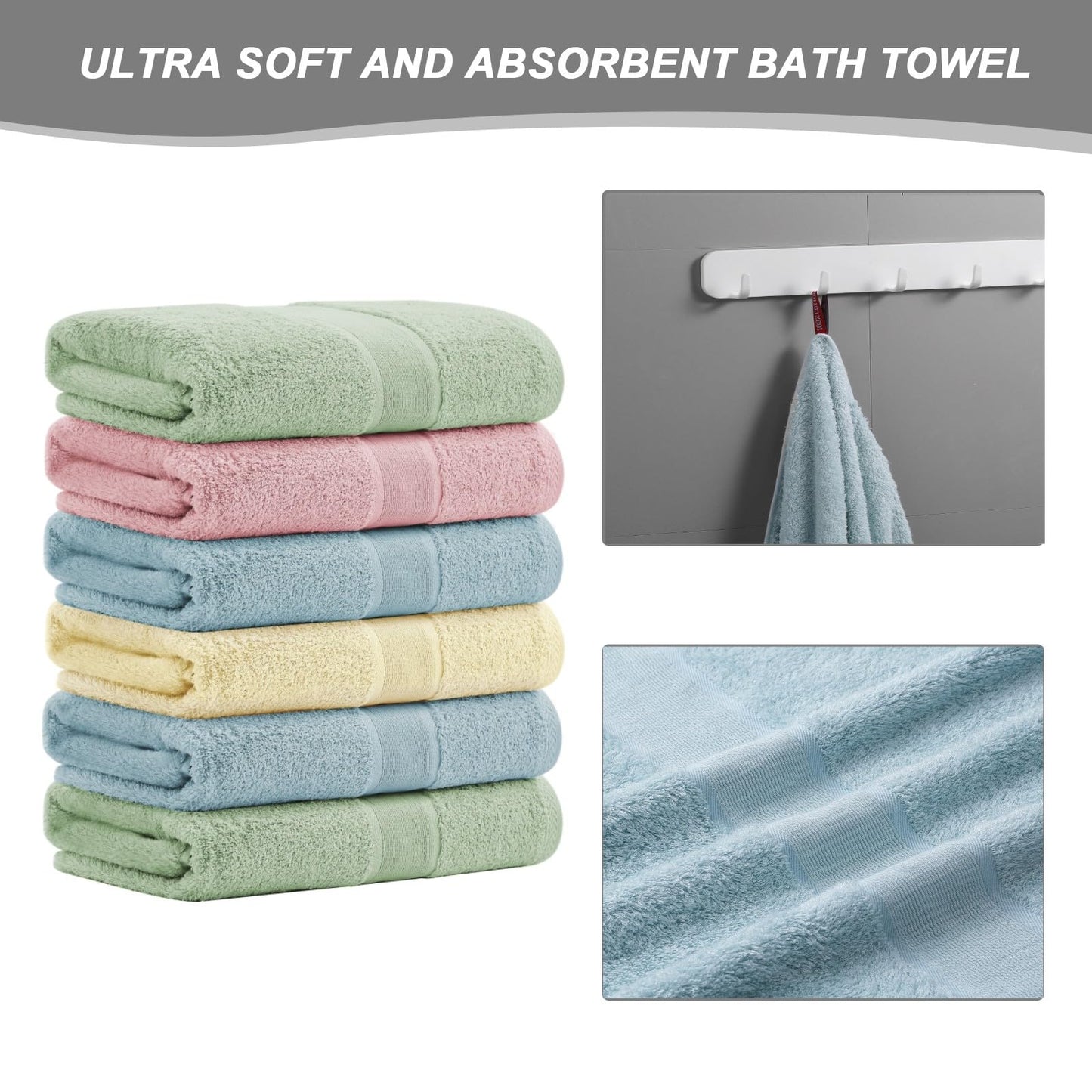 Aibaser Towels- Viscose Made from Bamboo Cotton Bath Towels-27x54inch - Natural, Ultra Absorbent Towels for Bathroom (6 Piece Set)