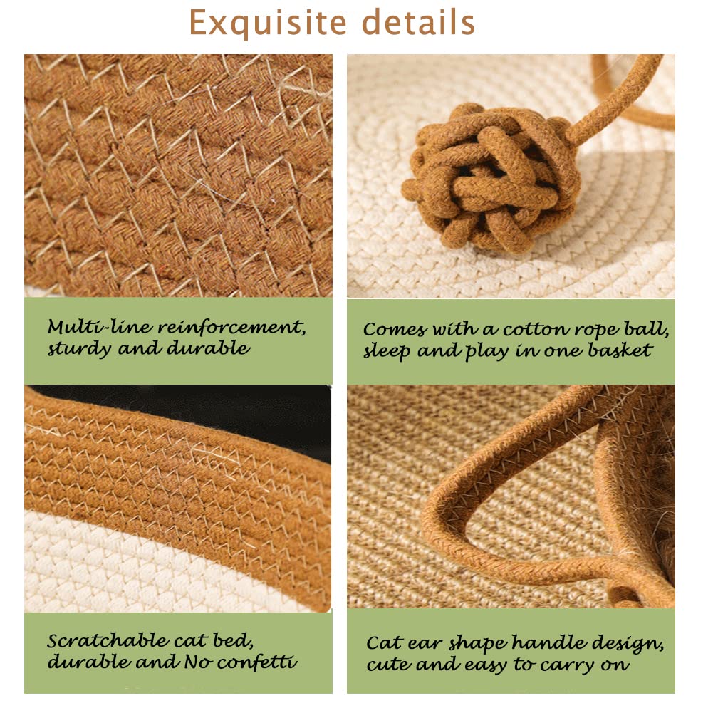 Handwoven Cotton Rope Cat Bed Cat Hammock Foldable Sleeping Nest Basket Handmade Natural Cradle Scratcher Cuddler for Kitten Cute Style with a Playing Rope Ball (Brown-Large)