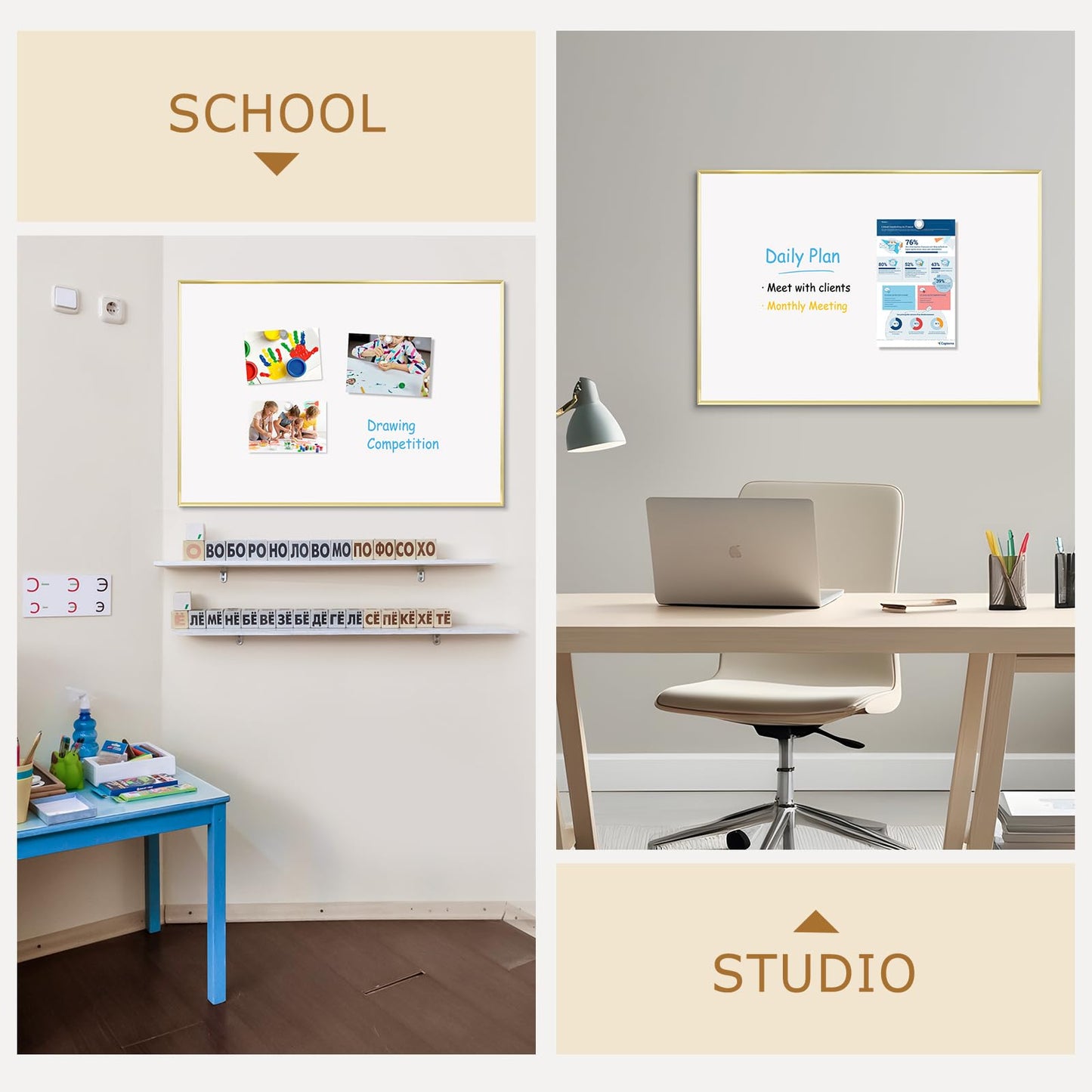 Magnetic White Board with Slim Gold Aluminum Frame 36 x 24 Inch, Large Wall-Mounted Dry Erase Board for Home & Office, Horizontal/Vertical Hanging, Includes 11 Accessories (Markers, Magnets, Eraser)