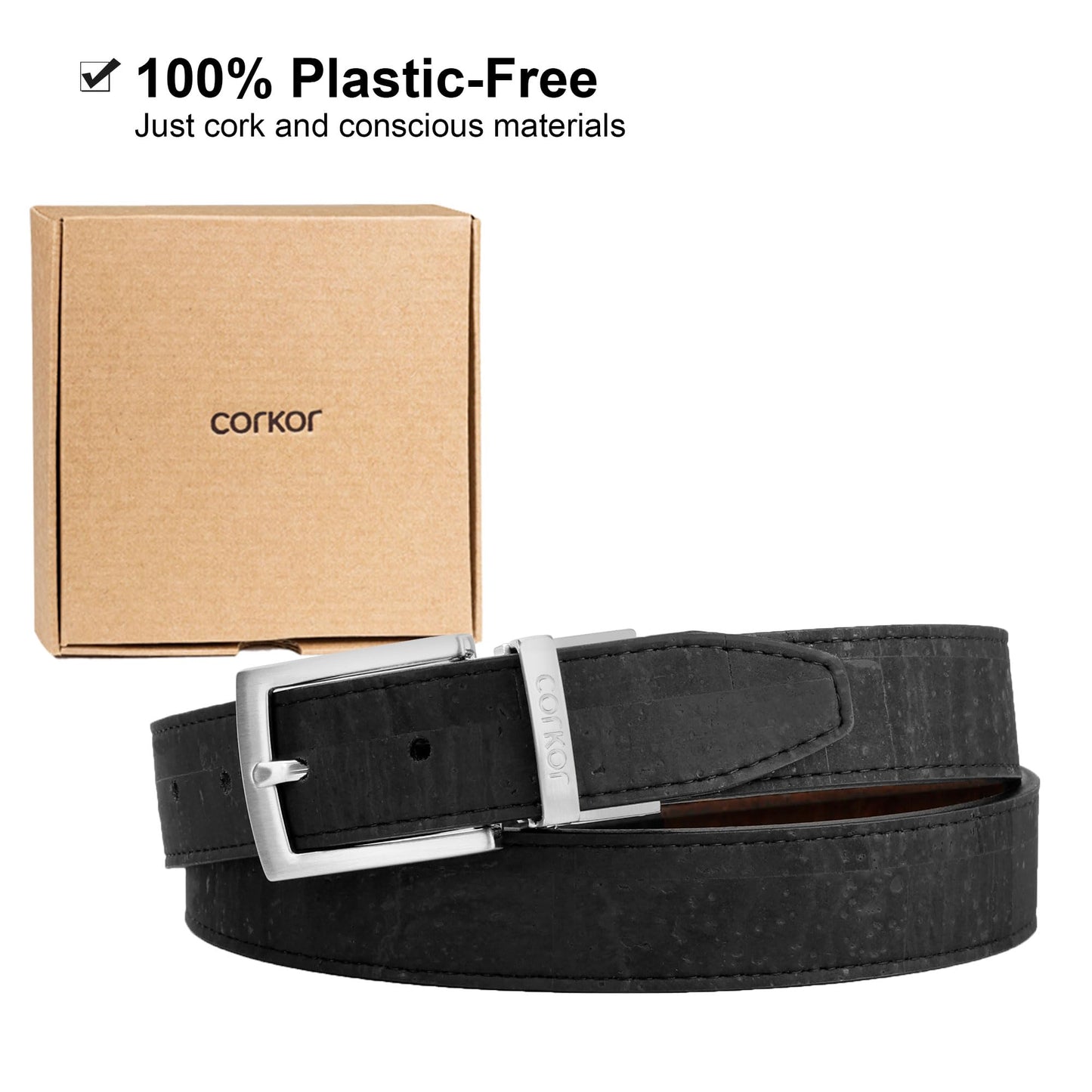 Corkor Reversible Men's Cork Belt - Vegan Leather Dress Belts – Men Belt - Cruelty Free Eco Friendly Brown Black 30mm Wide, Brown Or Black, 38" - (Fits waist 35-38") - L