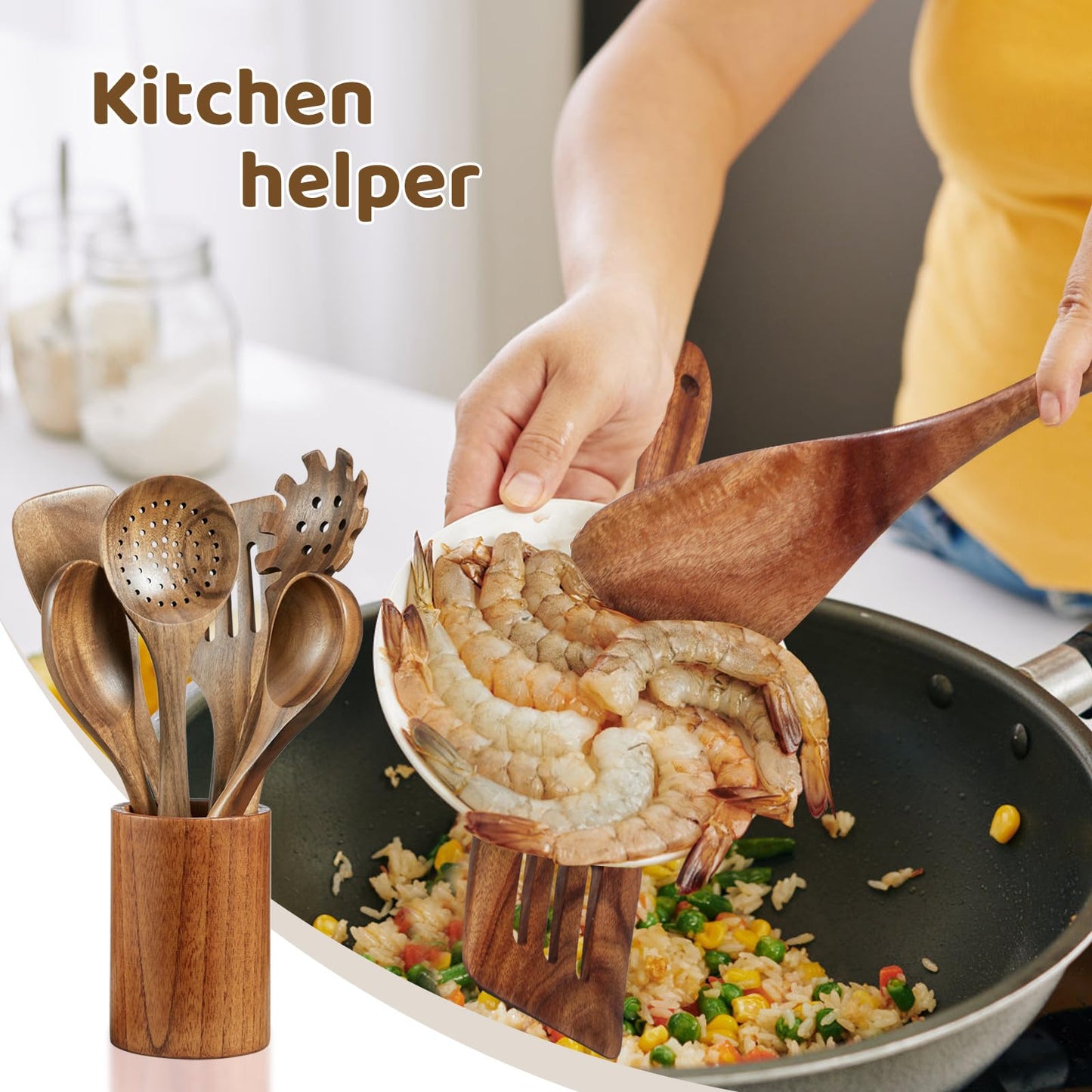 LSFCHUJU Wooden Spoons for Cooking - 10 Piece Natural Teak Wood Kitchen Utensil Set, Wooden Spoons Set with Holder, Spoon Rest & Hooks, Wooden Spatula Set with 7 Metal Hooks