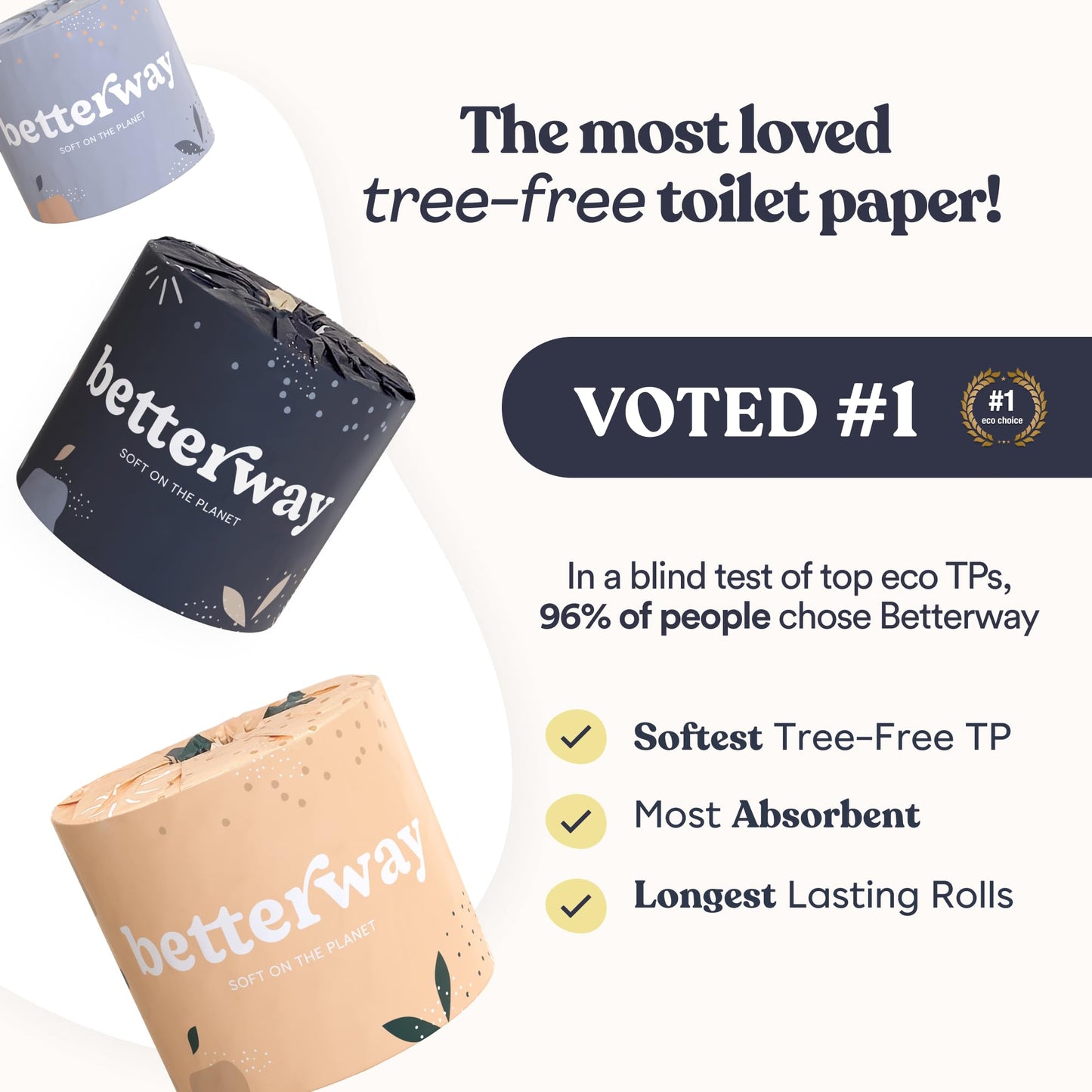Betterway Bamboo Toilet Paper 3 PLY - Eco Friendly, Sustainable Toilet Tissue - 12 Double Rolls & 360 Sheets Per Roll - Septic Safe - Organic, Plastic Free, Compostable & Biodegradable - FSC Certified