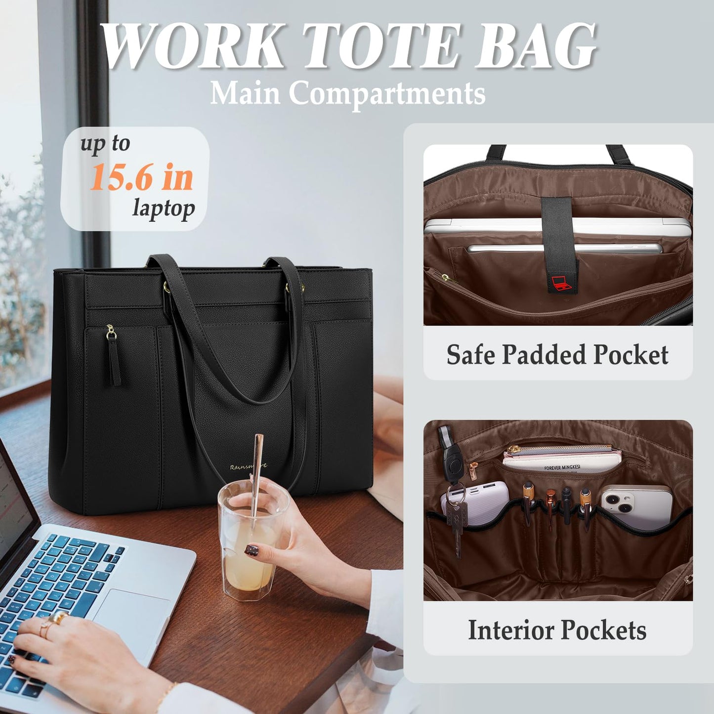 RAINSMORE Work Tote Bags for Women 15.6 Inch Laptop Bag Womens Waterproof PU Laptop Purse with Large Bow Laptop Briefcase for Office Computer Travel Shoulder Handbag, Black