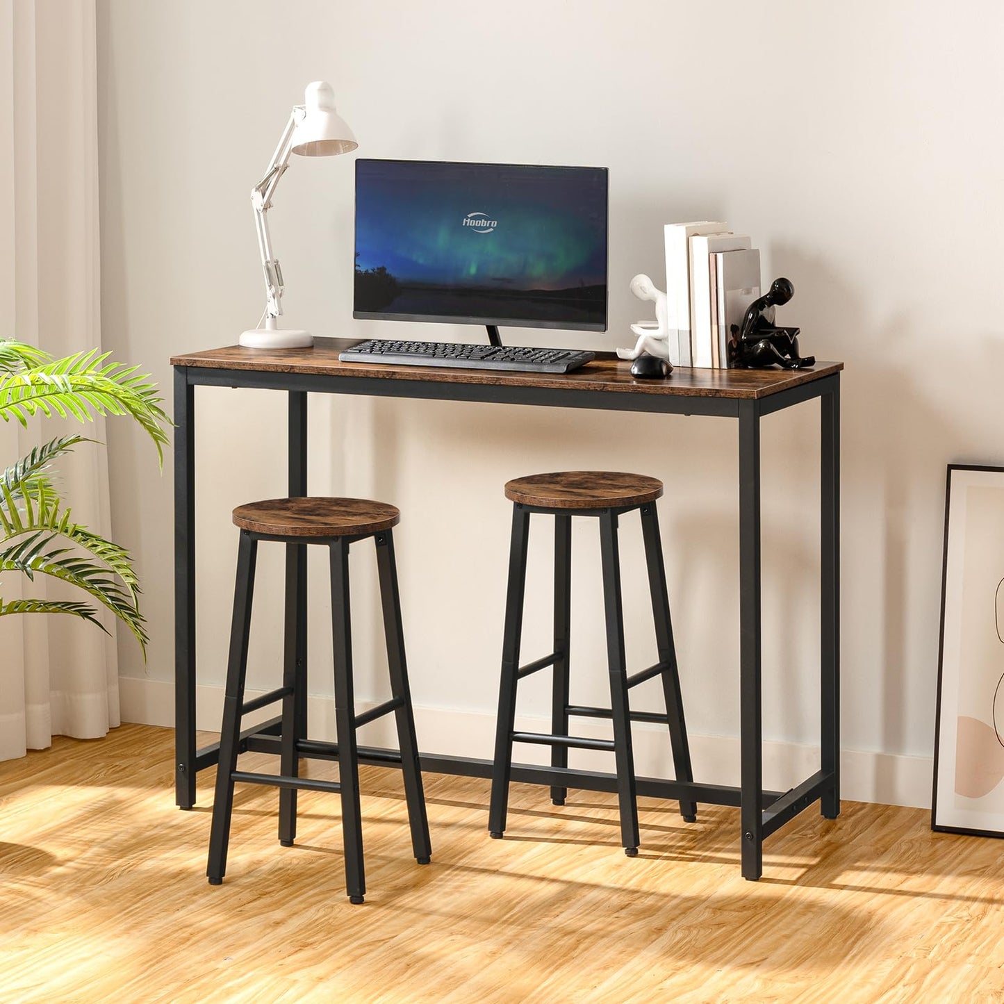 HOOBRO Bar Stools, Set of 2 Bar Chairs, 65.5 cm Height Stools, Breakfast Bar Stools, Industrial Kitchen Bar Chairs, for Dining Room, Kitchen, Bar, Solid and Stable, Rustic Brown and Black BF07BY01G1