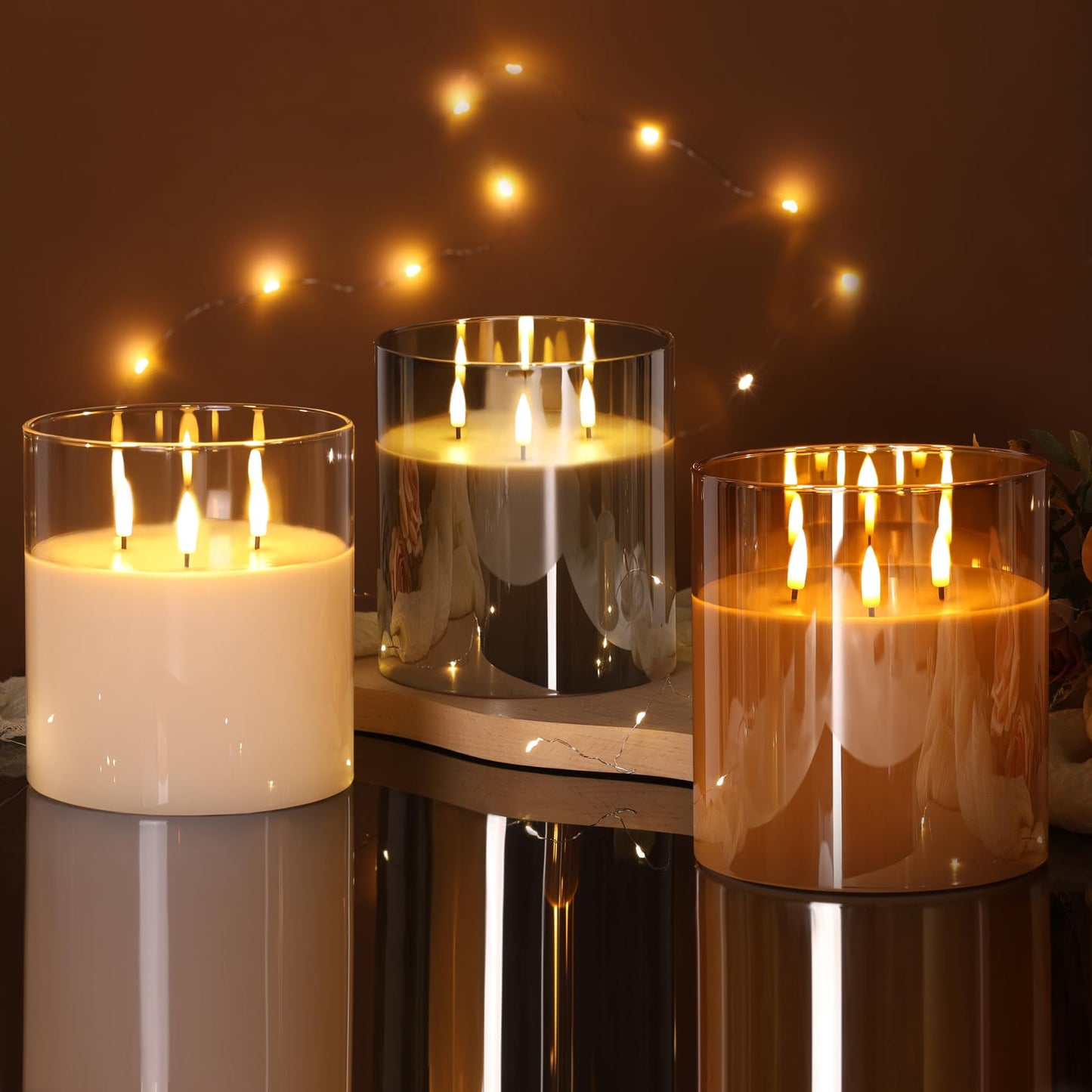 Eywamage 3 Wick Large Flameless Candles in Clear Glass, Flickering LED Battery Pillar Candle with Remote Φ 6" H 6"