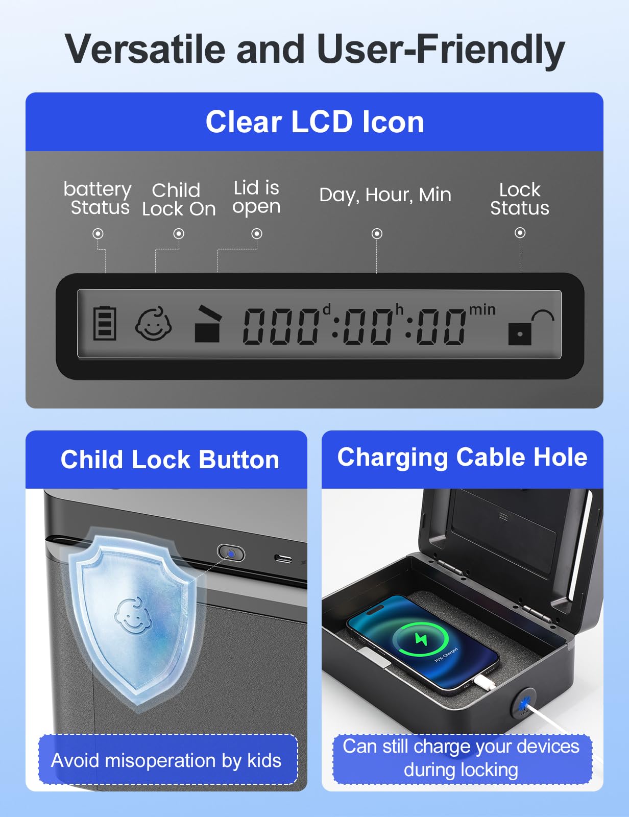 STARSIKI Metal Time Lock Box with Emergency Unlocking, Phone Timed Locked Box with Timer, Timed Locking Container, Audio Prompt, Self-Discipline Gift, 365 Days Max for Cellphone/iPad Mini/Medication