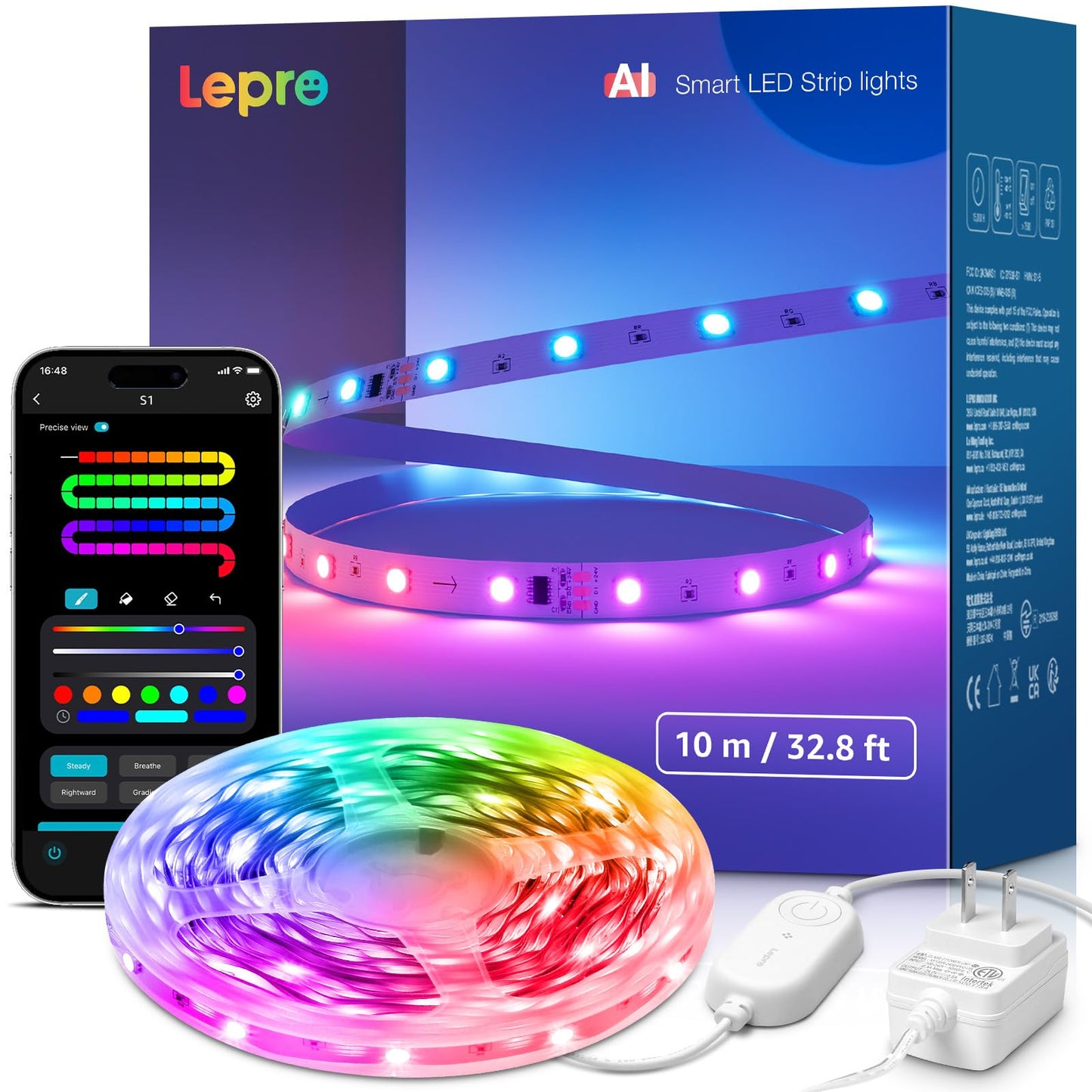 Lepro S1 AI LED Lights, Wi-Fi & Bluetooth RGBIC LED Strip Lights, Work with Alexa & Google Led Lights Strip for Bedroom, Color Segment DIY, Personalized AI Lighting Designer, Music Sync, 32.8ft