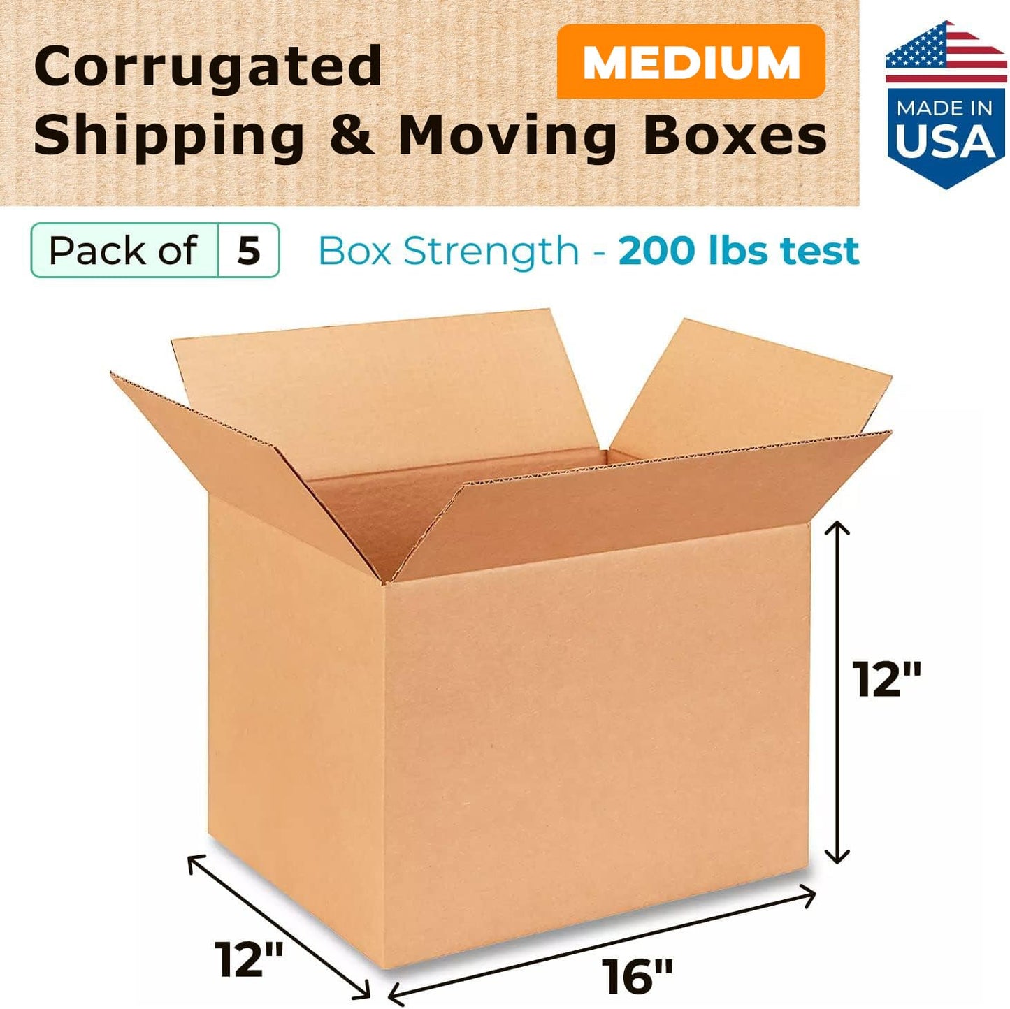 Medium Shipping & Moving Boxes 16 x 12 x 12 inches (5-Pack) - Extra Strength 200 lb vs Regular - Corrugated Boxes for Packaging Moving and Delivering - Box to Pack - Carton Box by IDL Packaging