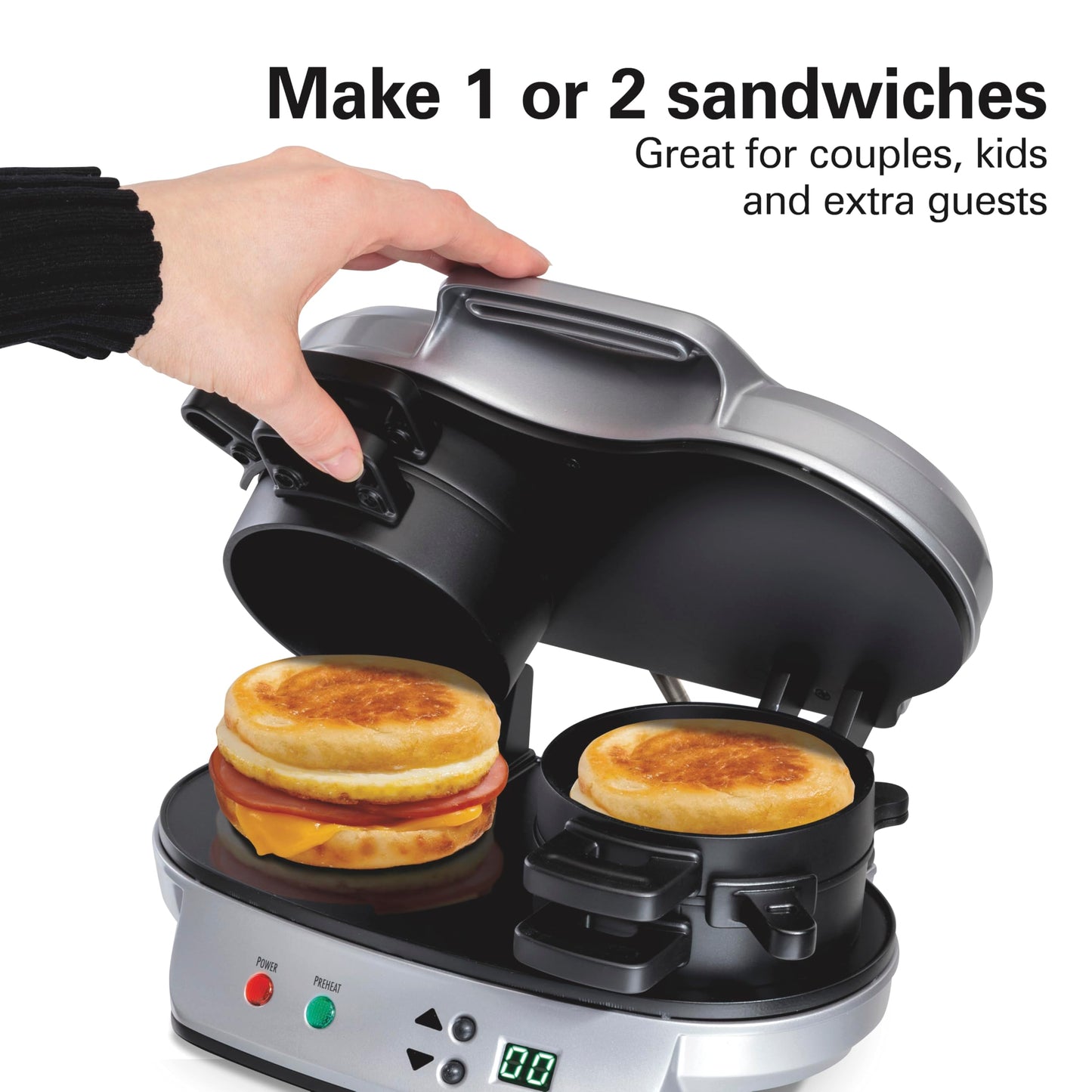 Hamilton Beach Dual Breakfast Sandwich Maker with Timer, Ready in 5 Minutes, Removable Dishwasher Safe PFAS-Free Non-Stick Egg Cooker Ring, Silver (25490C)
