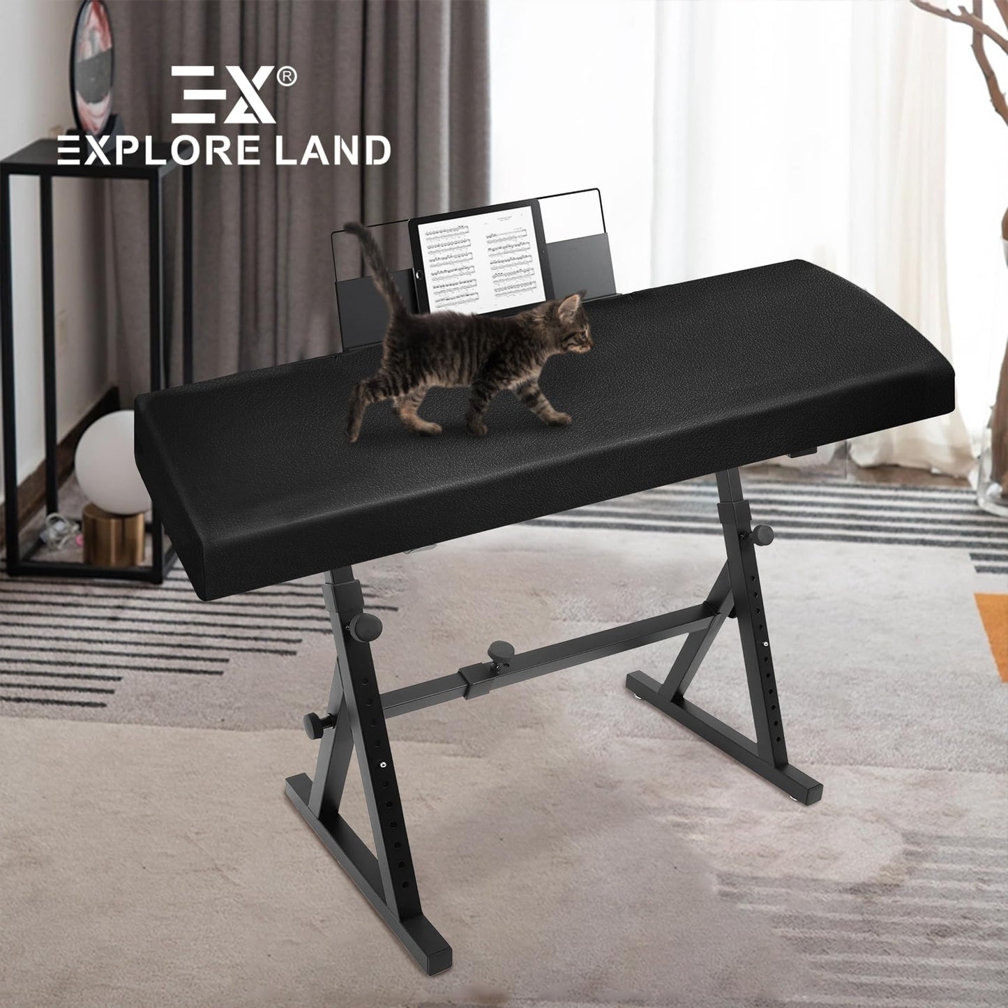 Explore Land Premium Piano Keyboard Dust Cover with Music Stand Opening - Stretchy Leather Piano Protector for 61-88 Keys Digital Electronic Piano (Black,88)