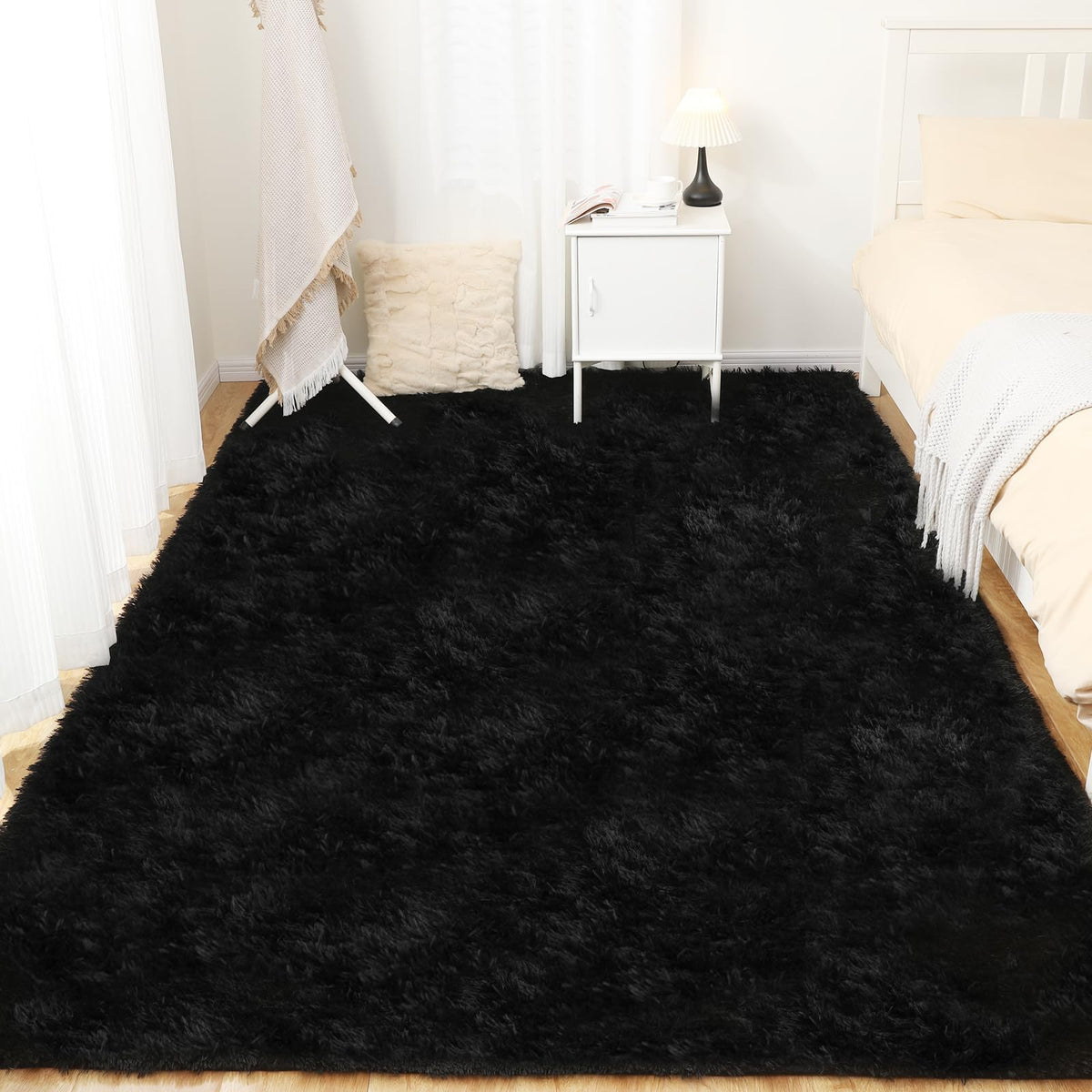 6x9 Large Area Rugs for Living Room Bedroom, Soft Fluffy Shaggy Rug, Indoor Washable Floor Carpet for Kids Girls and Boys, Dorms, Nursery Rooms, Home Decor Aesthetic, Solid Black