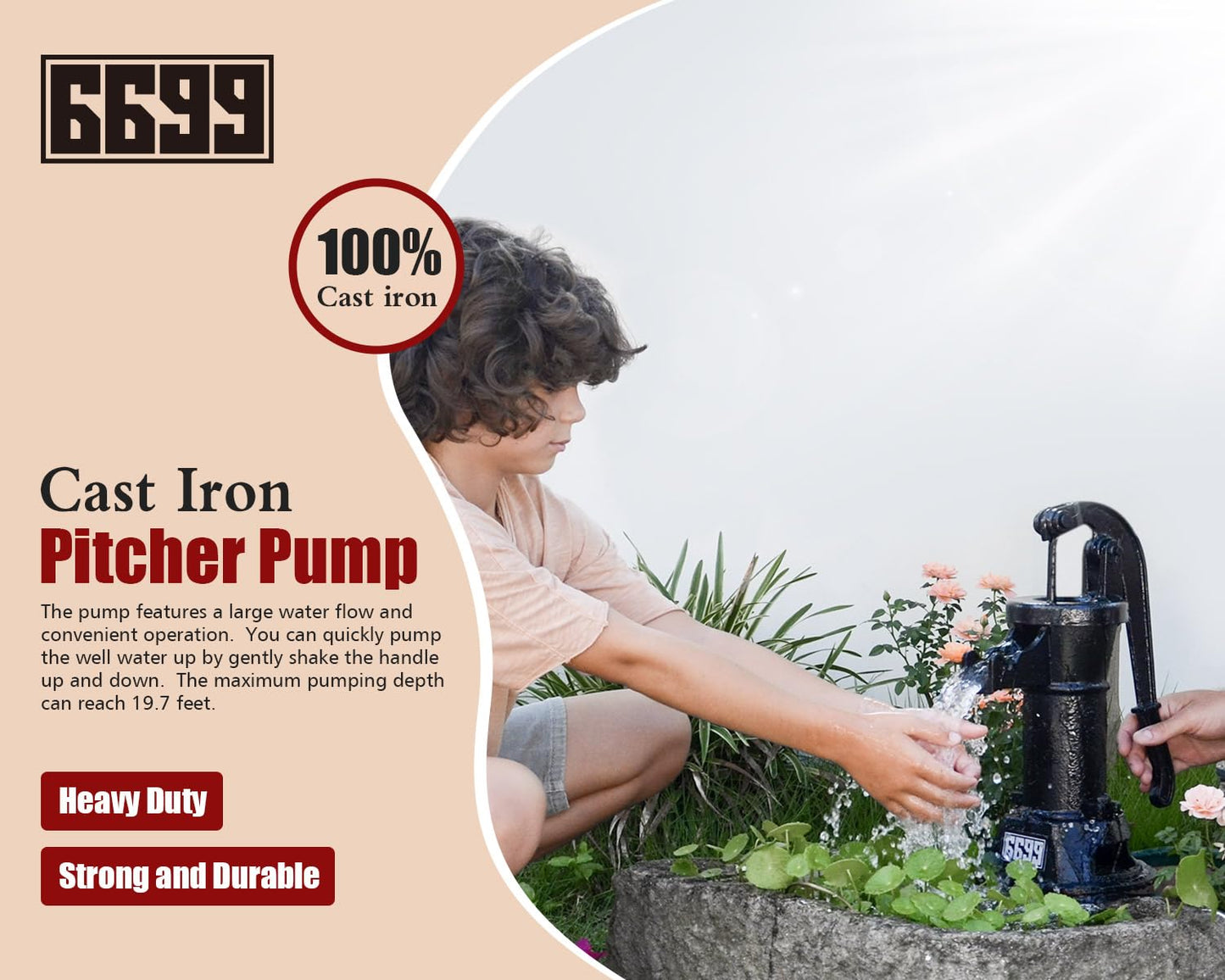 6699 Durable Cast Iron Pitcher Pump Antique Manual Hand Shake Suction Well Pump Water Transfer Pump 25ft Maximum Lift Easy Installation for Outdoor Garden Pond Backyards SWP 300 Black