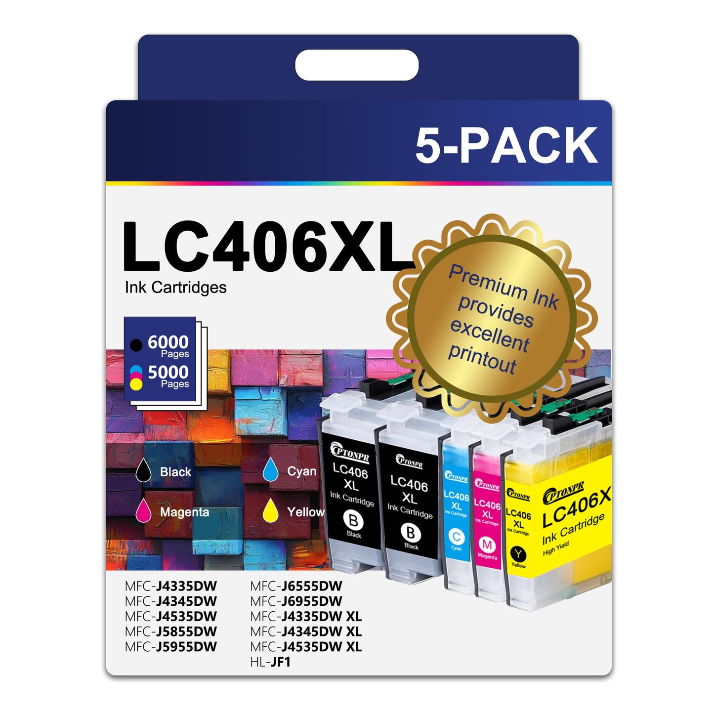LC406XL LC406 Ink Cartridge High Yield 5 Pack Replacement for Brother LC406 LC406 XL Work for MFC-J4335DW MFC-J4345DW MFC-J4535DW MFC-J5855DW MFC-J5955DW MFC-J6555DW MFC-J6955DW Printer (2BK/1C/1M/1Y)