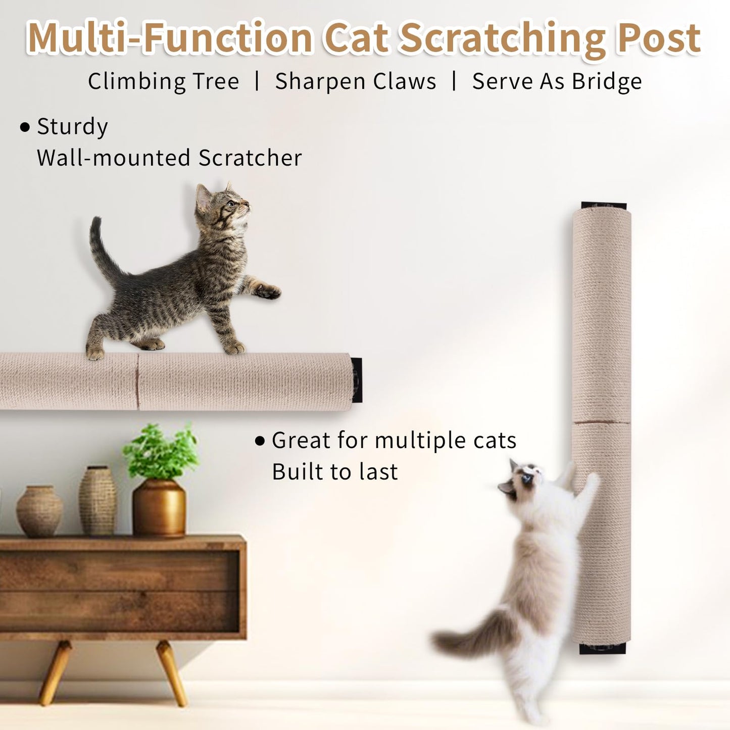 Cat Scratching Post Wall Mounted, 24 inch Tall 3.5 inch Diameter Cat Tree Scratch Post, Hemp Rope Scratcher Posts for Indoor Kittens and Large Cats with Screws
