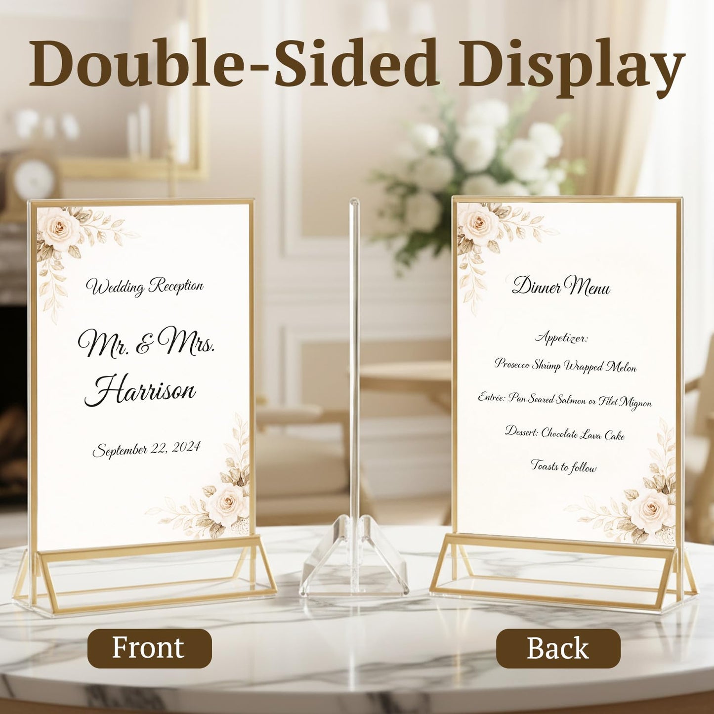 EHWINE 12 Pack Acrylic Sign Holder 4 x 6, Double Sided Gold Picture Frame Stand up Table Top Sign Holders, Clear Display Stand Menu Flyer Holder for Wedding Party