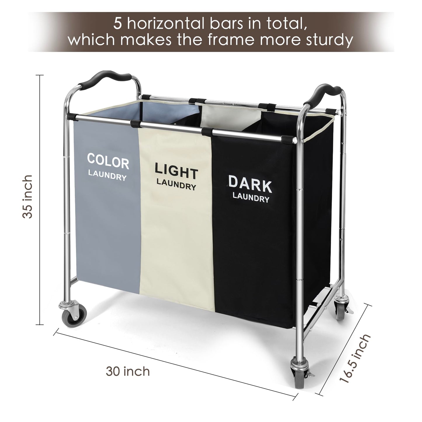 240L 3-Bag Laundry Hamper Basket Sorter Cart, 16 X 30 X 35 inch Heavy Duty Rolling Wheels with Break for Dirty Clothes Storage Baskets Bin