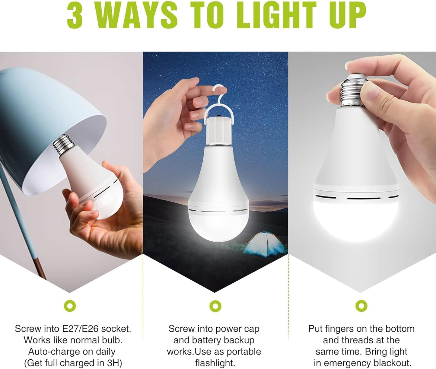 4 Packs Rechargeable Light Bulb, 15W 80W Equivalent LED 6000K Emergency Battery Light Bulb Stay Lights Up When Power Failure, 1200mAh Battery Operated Light Bulb for Home, Camping, Tent