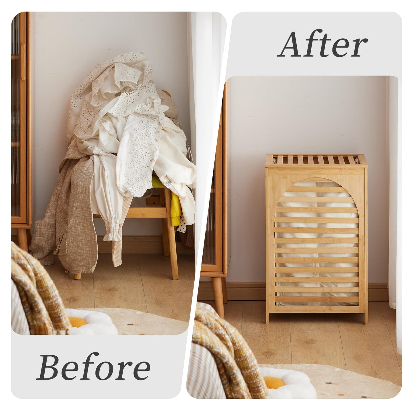 Laundry Hamper with Lid,Bamboo Large Waterproof Clothes Laundry Basket,Removable Washing Bags with Handles,clothes basket (Natural)