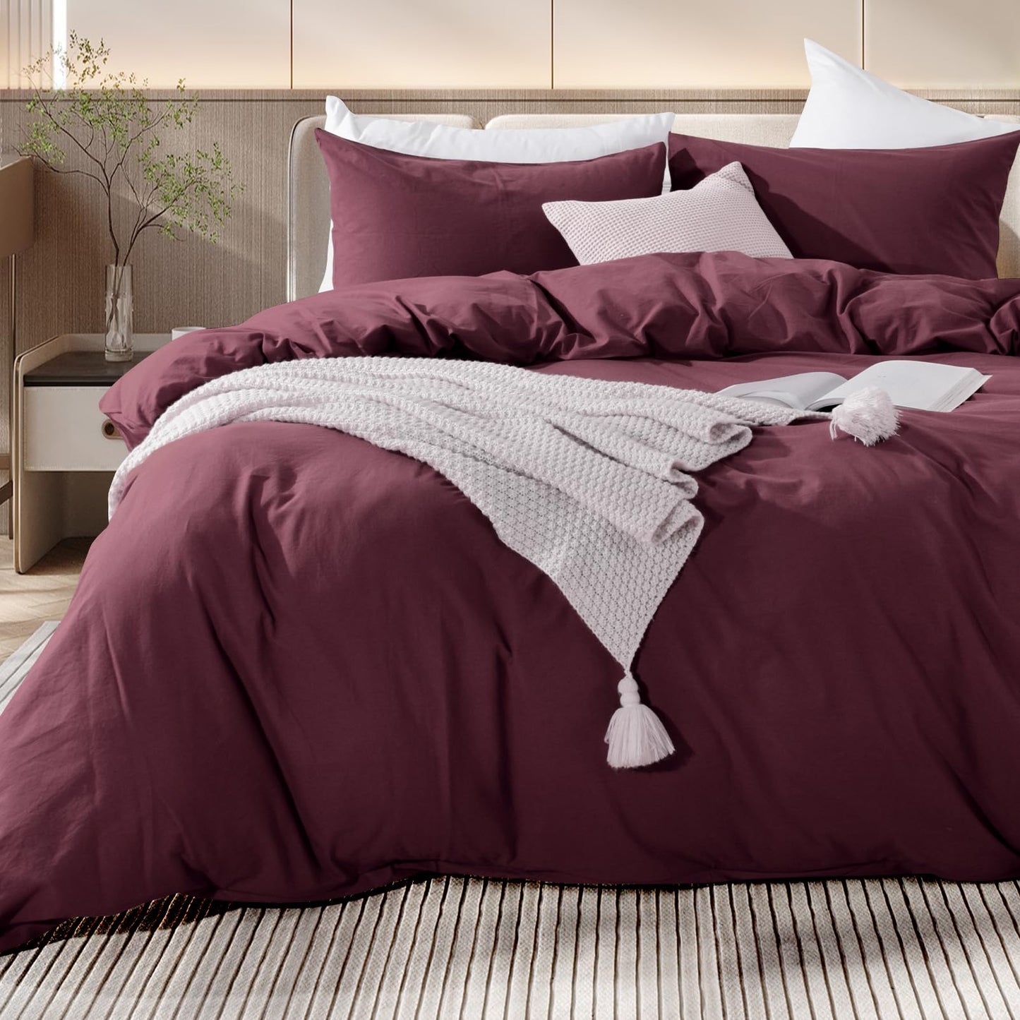 NEXHOME PRO Duvet Cover Set Queen Size Linen Look Textured 100% Washed Cotton Duvet Cover Burgundy Dark Red 3 Pieces Bedding Set with Zipper Closure,Breathable, Soft Organic Natural(No Comforter)
