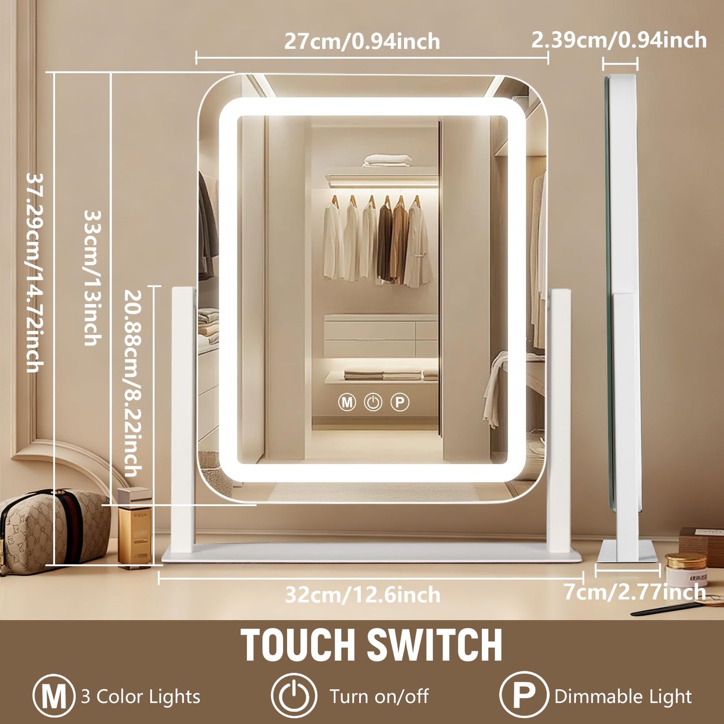 Ratsamee 13" x 15" Vanity Mirror with Lights, Led Makeup Mirror, Lighted Makeup Mirror with 3 Color Dimmable Lights, Smart Touch Screen Control, Smart Touch Screen Control, 360°Rotation