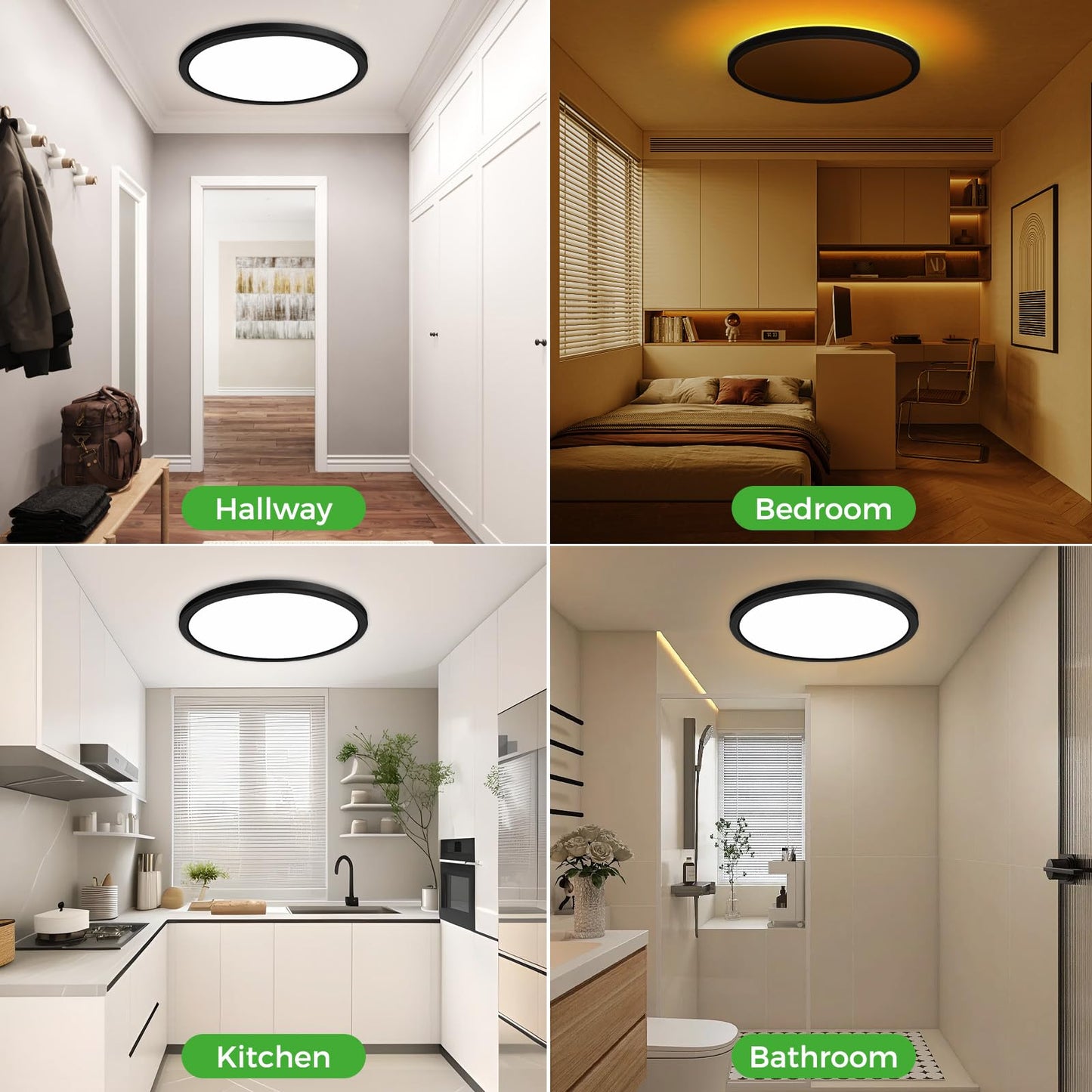 zemty 12 Inch Flush Mount Ceiling Light with Night Light 1800K, 3000K-6500K Selectable LED Light Fixture with Remote Control, 24W 2400lm Dimmable Ceiling Lamp for Bedroom Bathroom Kitchen-Black