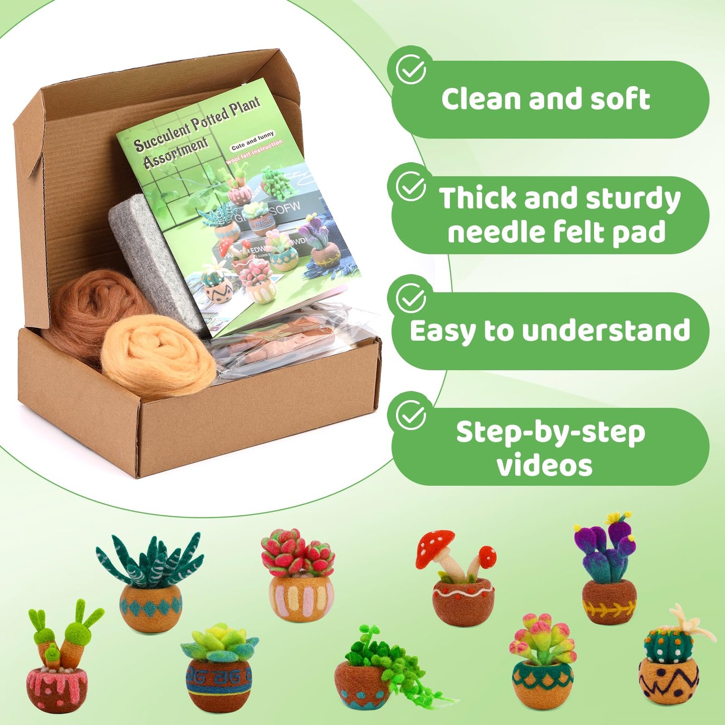 Yizzvb Needle Felting Kit, 9 PCS Succulent Felting Kit for Beginners Adult, Wool Felting Kit with Wool, Needles and Mat for DIY Craft