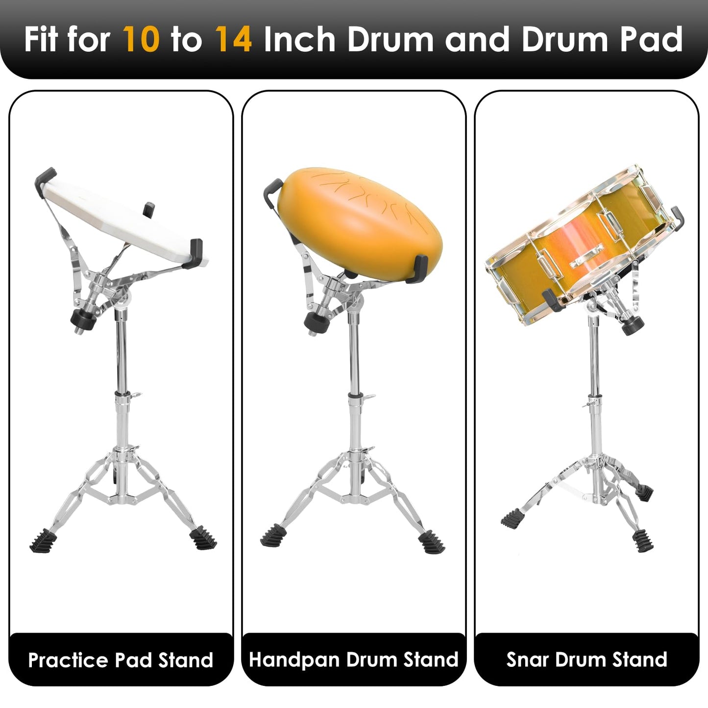 Snare drum stand, drum pad stand adjustable height 14.5 to 23 inches, accessory arm kit tripod snare drum stand suitable for 14 to 10 inch lightweight drum practice pad stand, suitable for drum