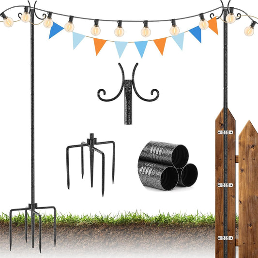 2 Pack Outdoor String Light Poles, Metal Lights Hanging Pole with Hooks and Rustproof, for Patio Garden Deck Backyard Lawn Sunshade and Decor