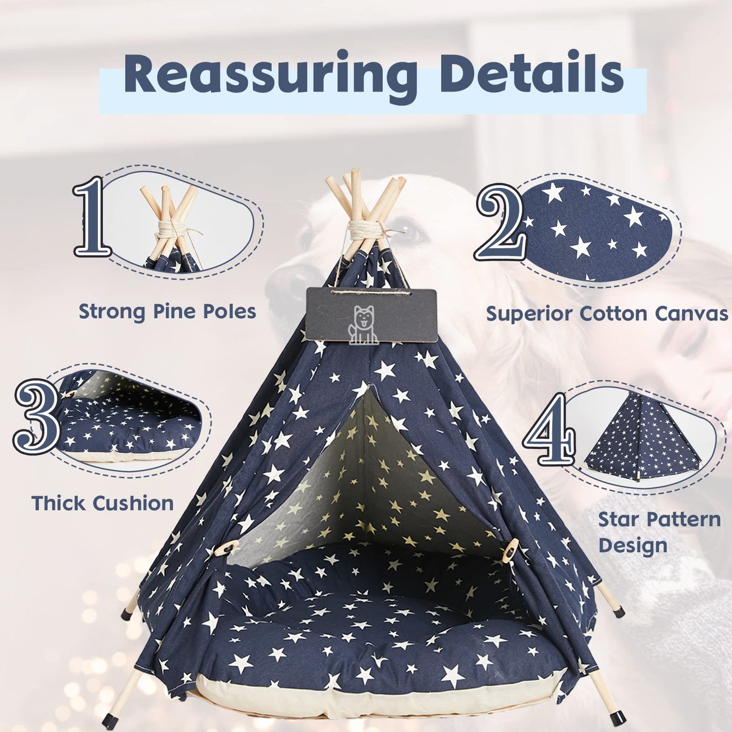 Pet Teepee Dog & Cat Bed with Cushion &Blackboard Dog Tents Pet Houses (Blue)