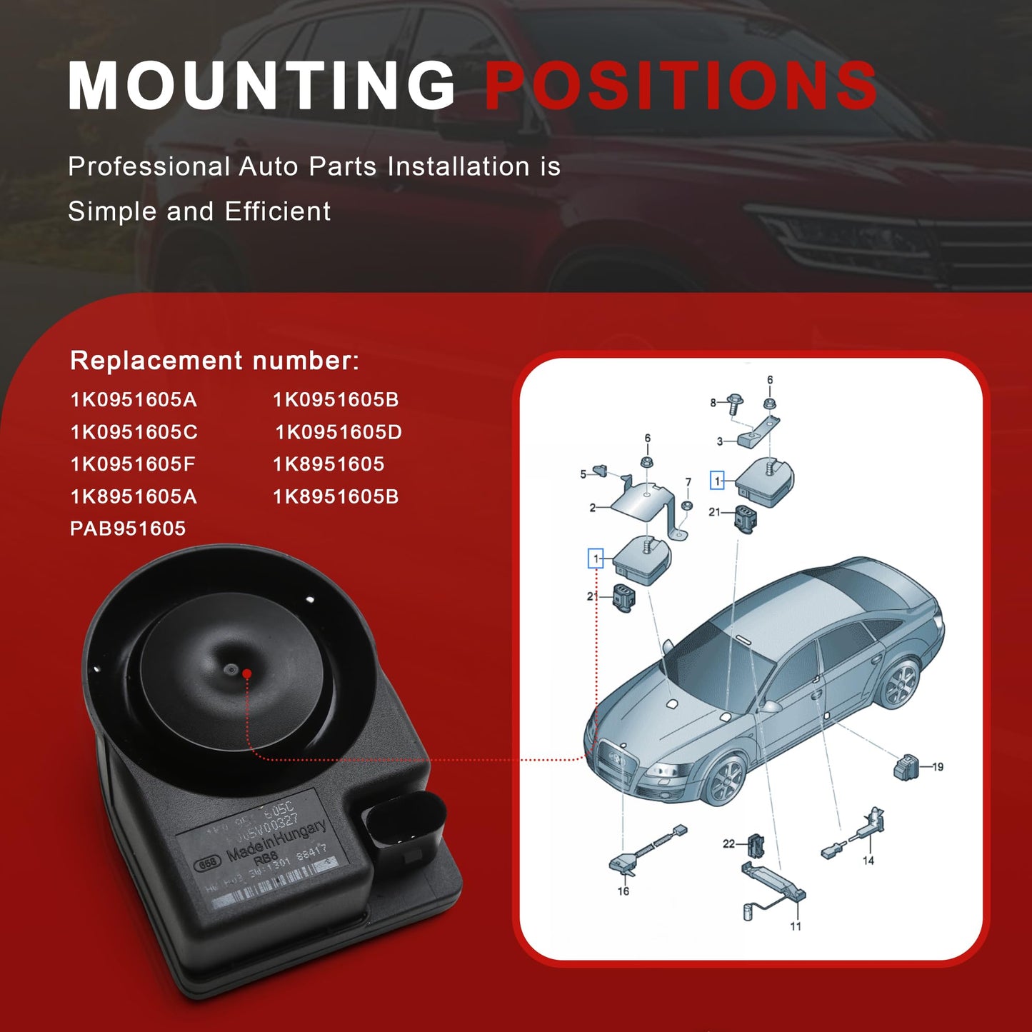 Yiklwwy 1K0951605A 1K8951605A Anti Theft Alarm Siren Horn Compatible with VW EOS CC Passat Golf Tiguan Jetta Audi A1 A3 A4 A5 A6 TT Q5 Q7