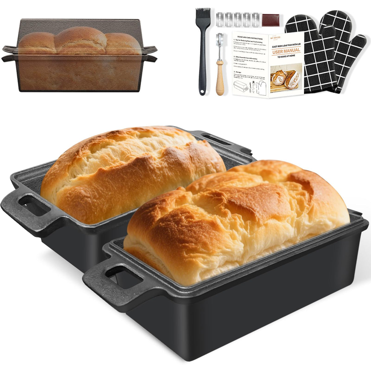 AO LI GEI Cast Iron Bread Pan with Lid 2 in 1 Loaf Pans Set with 9×5 Inch Loaf Pans for Homemade Bread, Sourdough Baking Pan, Oven Mitts, Lame Baking Tool, Silicone Basting Pastry Brush for Baking