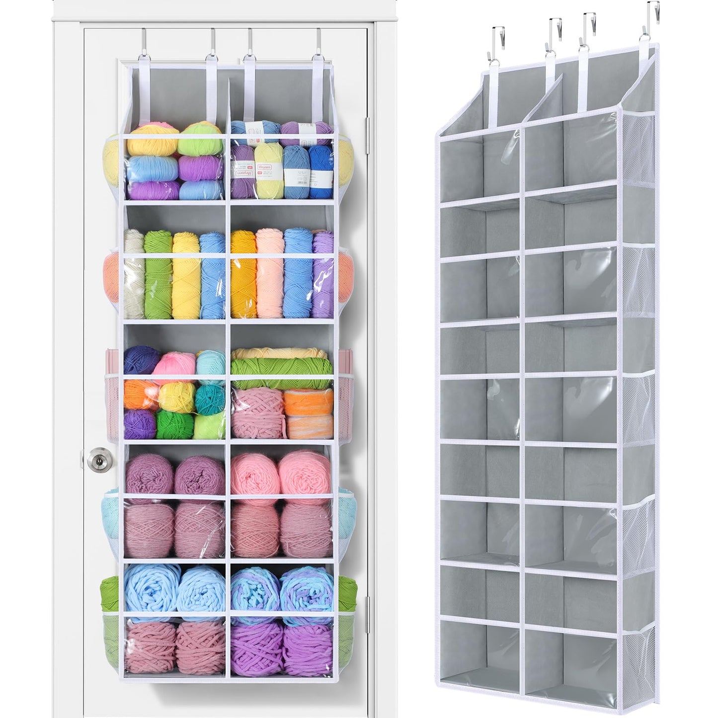 Yecaye Over The Door Organizer 5 Tier, 80lb Capacity Extra Large Behind Door Storage of 10 Clear Window, Heavy Duty Door Hanging Organizer for Closet Bedroom Bathroom Diaper Nursery, Double, Gray