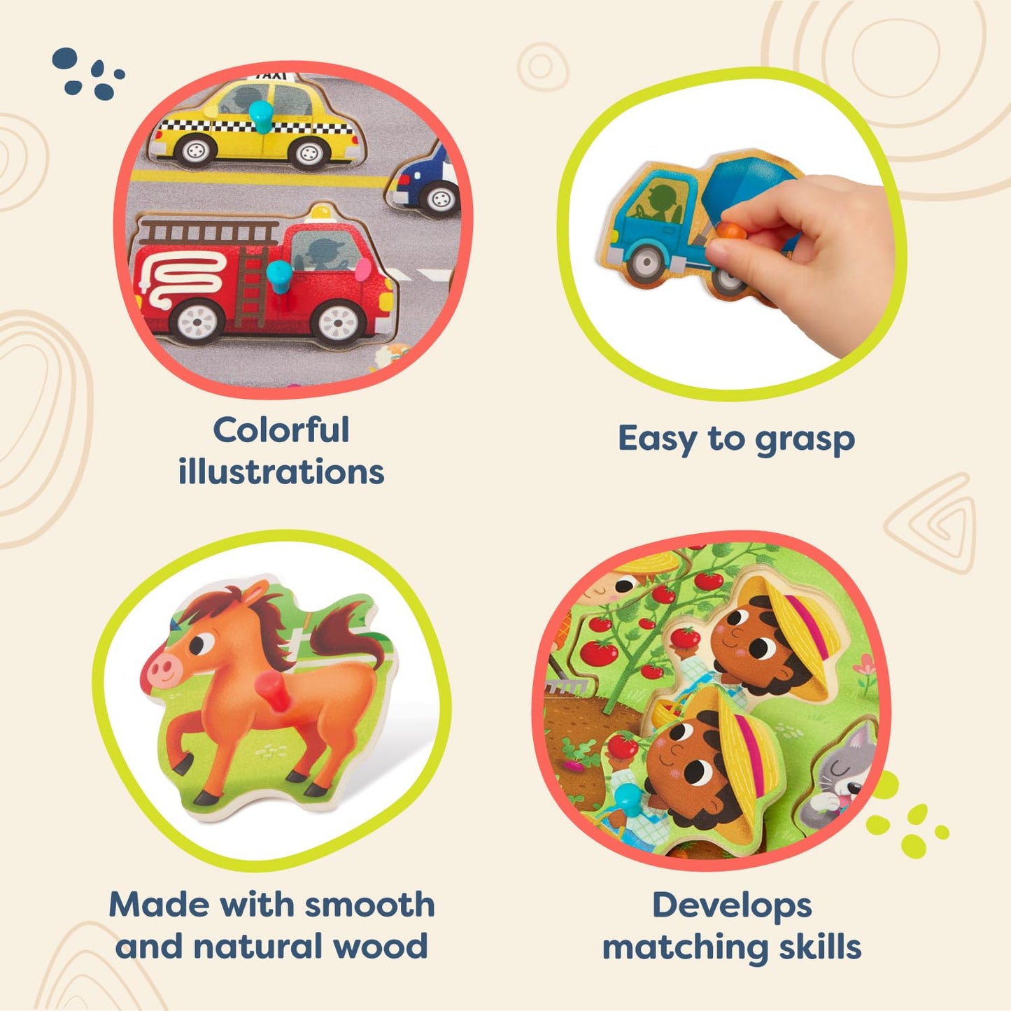 B. Toys – Peek & Explore Puzzle 4 – Pack – Wood Toys for Toddlers, Kids – 8 Pieces Each – Vehicles, Trucks, Animals, Barnyard – 2+ Years