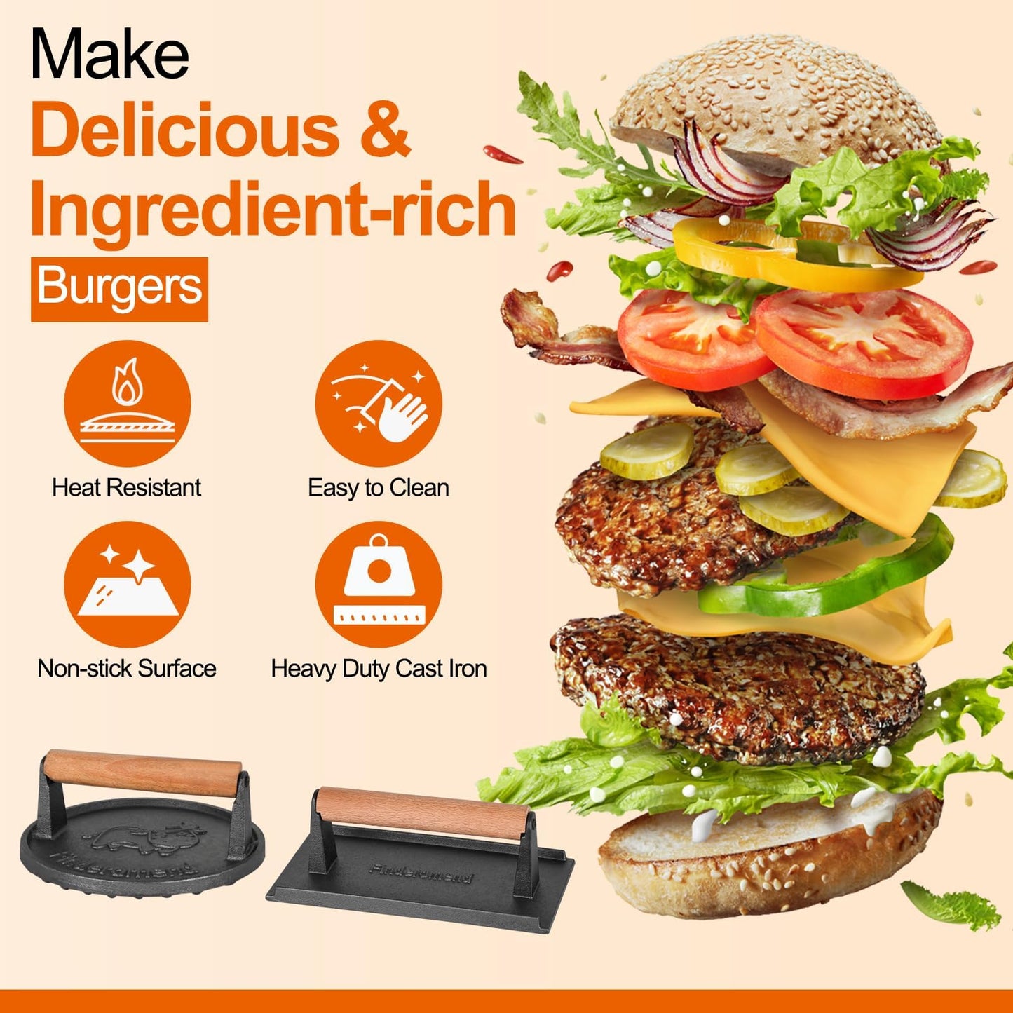 Finderomend 2 Pack Hamburger Press,Cast Iron Grill Press,Heavy Duty Smash Meat,Bacon,Steak & Burger Press with Wooden Handle (Round & Rectangular)