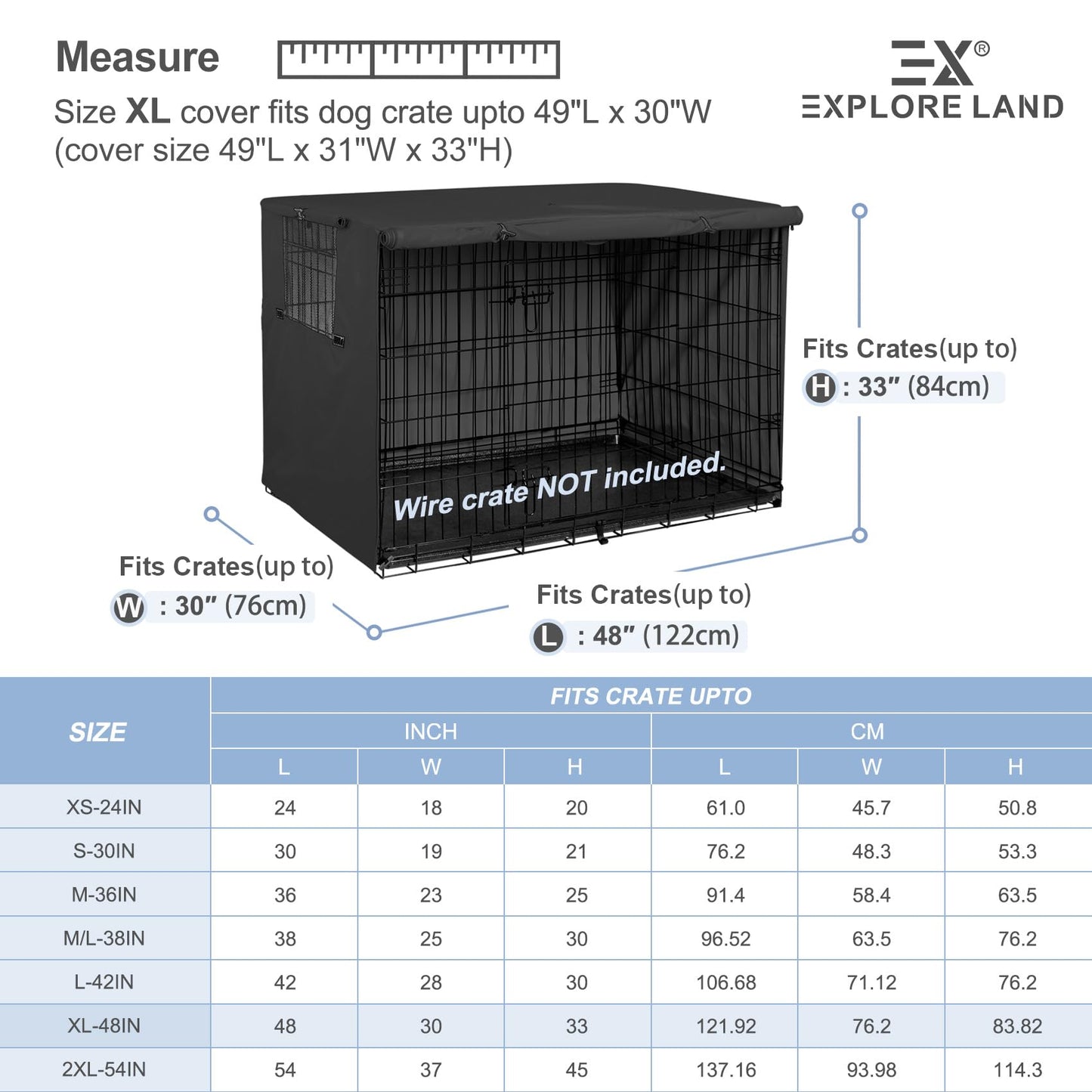 Explore Land 48 inches Dog Crate Cover - Durable Polyester Pet Kennel Cover Universal Fit for Wire Dog Crate (Black)