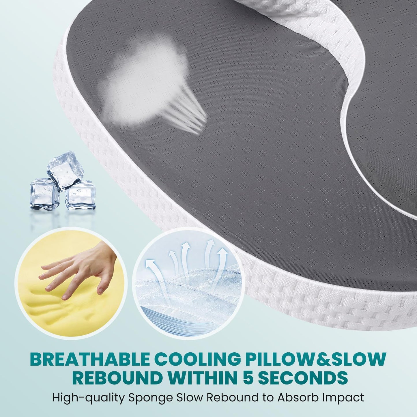 JINXIA Memory Foam Pillow for Sleeping, Ergonomic Orthopedic Neck Support Pillow, Cooling Pillow with Removable Breathable Pillowcase, Ice Silk Material, for Side, Back, Stomach Sleepers - Gray