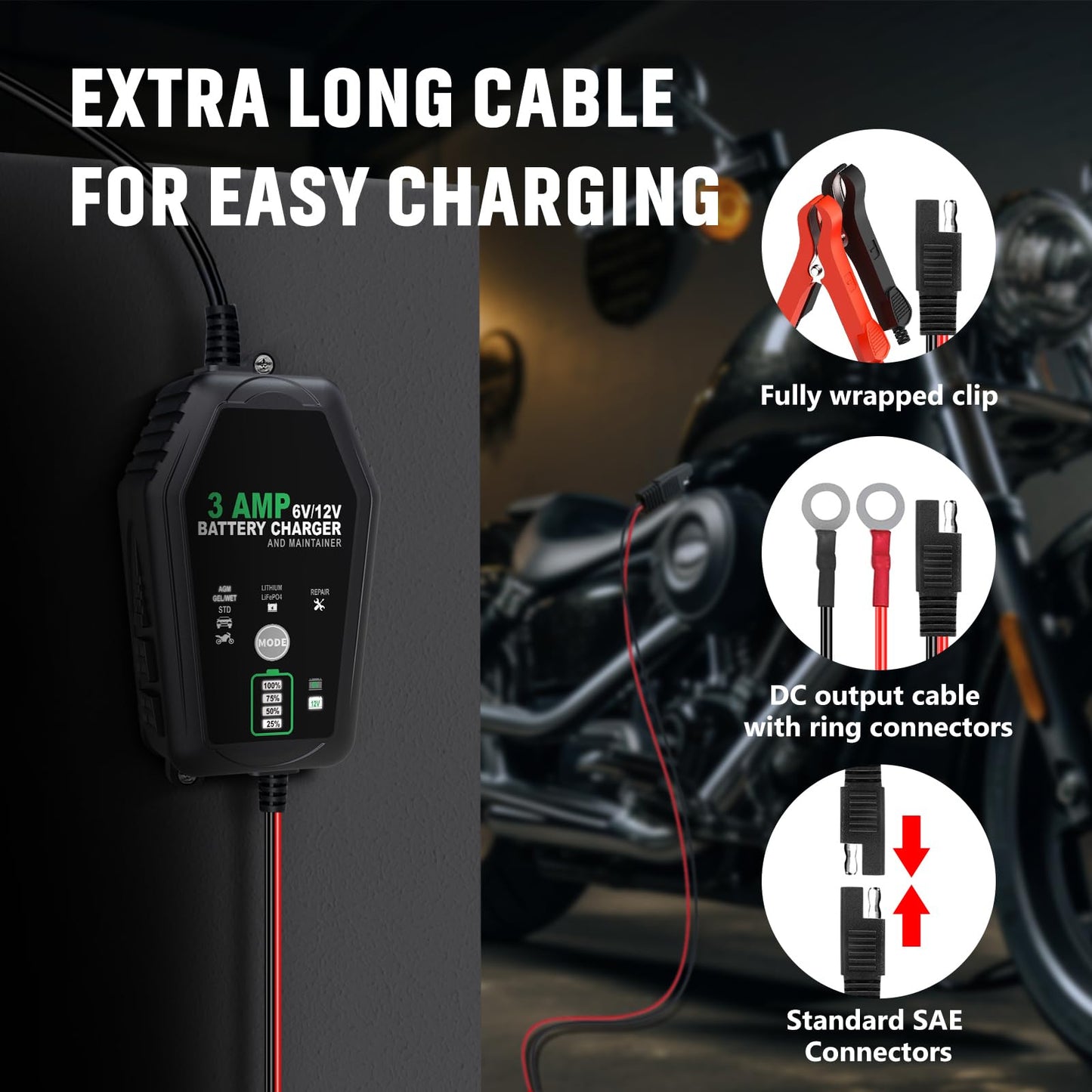 2 Pack 3 AMP Battery Charger - 6V/12V Smart Automotive Battery Charger, Fully Automatic and Maintainer Trickle Charger for Car, Motorcycle, Boat, Lead-Acid, Lithium, LiFePo4 Battery