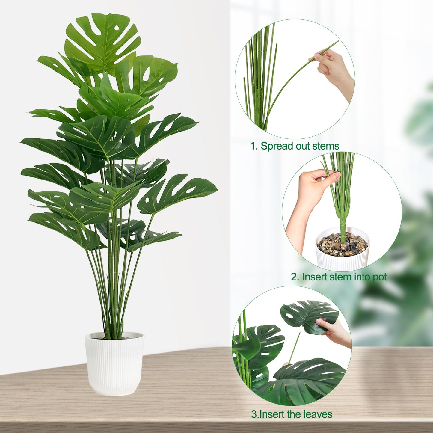 SAJANDAS Set of 2 Artificial Monstera Deliciosa Plants in Pots, Fake Tropical Trees with Greenery Leaves Stems, 32 Inch Faux Swiss Cheese Floor Plants for Porch, Garden, Store, Office, Home Decor