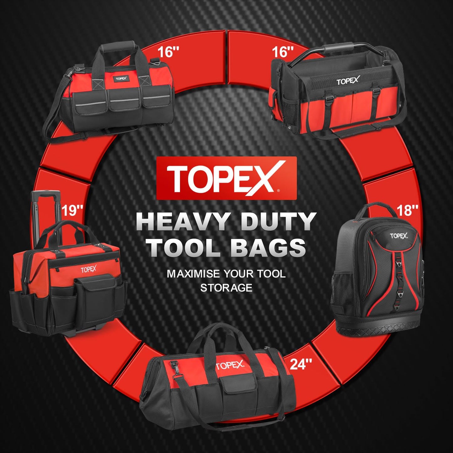 TOPEX 16-inch Tool Bag Multi-pocket Tool Organizer High Bearing Wide Mouth Tool Bag with Adjustable Shoulder Strap with 8 Pockets for Cars, Drill, Garden, Electrician, Technicians