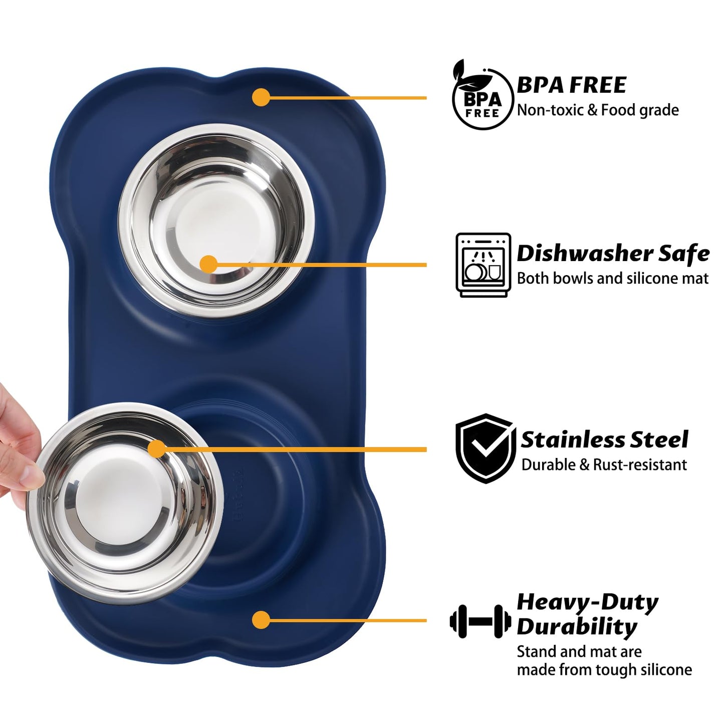 Hubulk Pet Dog Bowls 2 Stainless Steel Dog Bowl with No Spill Non-Skid Silicone Mat + Pet Food Scoop Water and Food Feeder Bowls for Feeding Small Medium Large Dogs Cats Puppies (Large, Navy Blue)