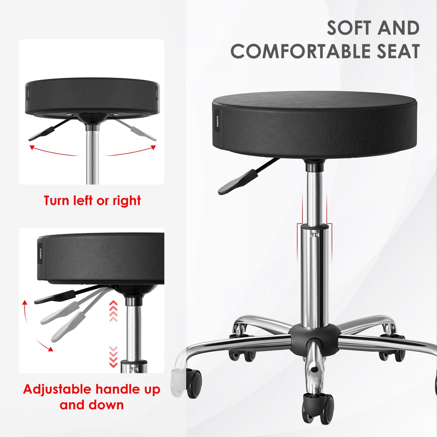 CLORIS Round Rolling Stool Hold up to 440 LBS Height Adjustable Swivel Chair Metal Feet with Wheels for Spa, Massage, Salon, Home, Office, Medical, Tatoo, Bar Black