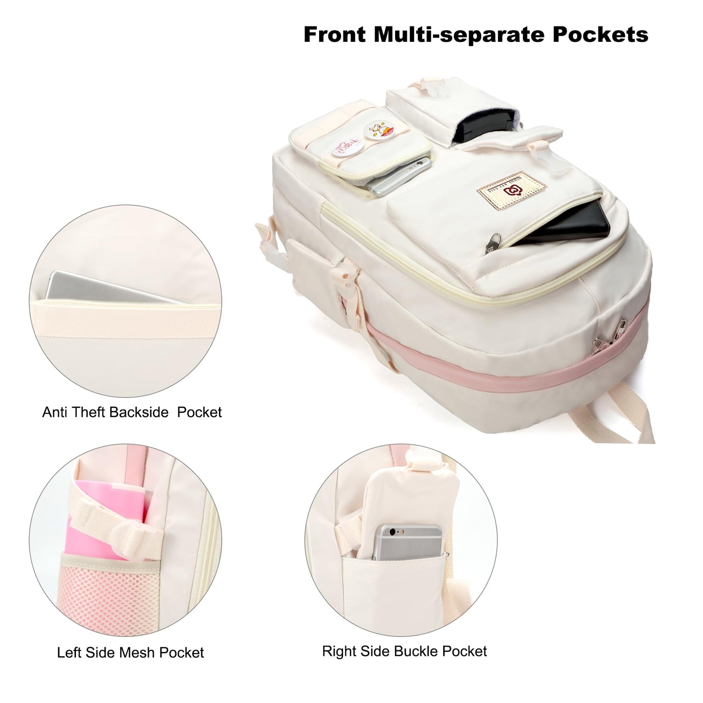 Laptop Backpacks 15.6 Inch School Bags College Backpack Anti Theft Travel Daypack Large Bookbags for Teens Girls Women (Off-white)
