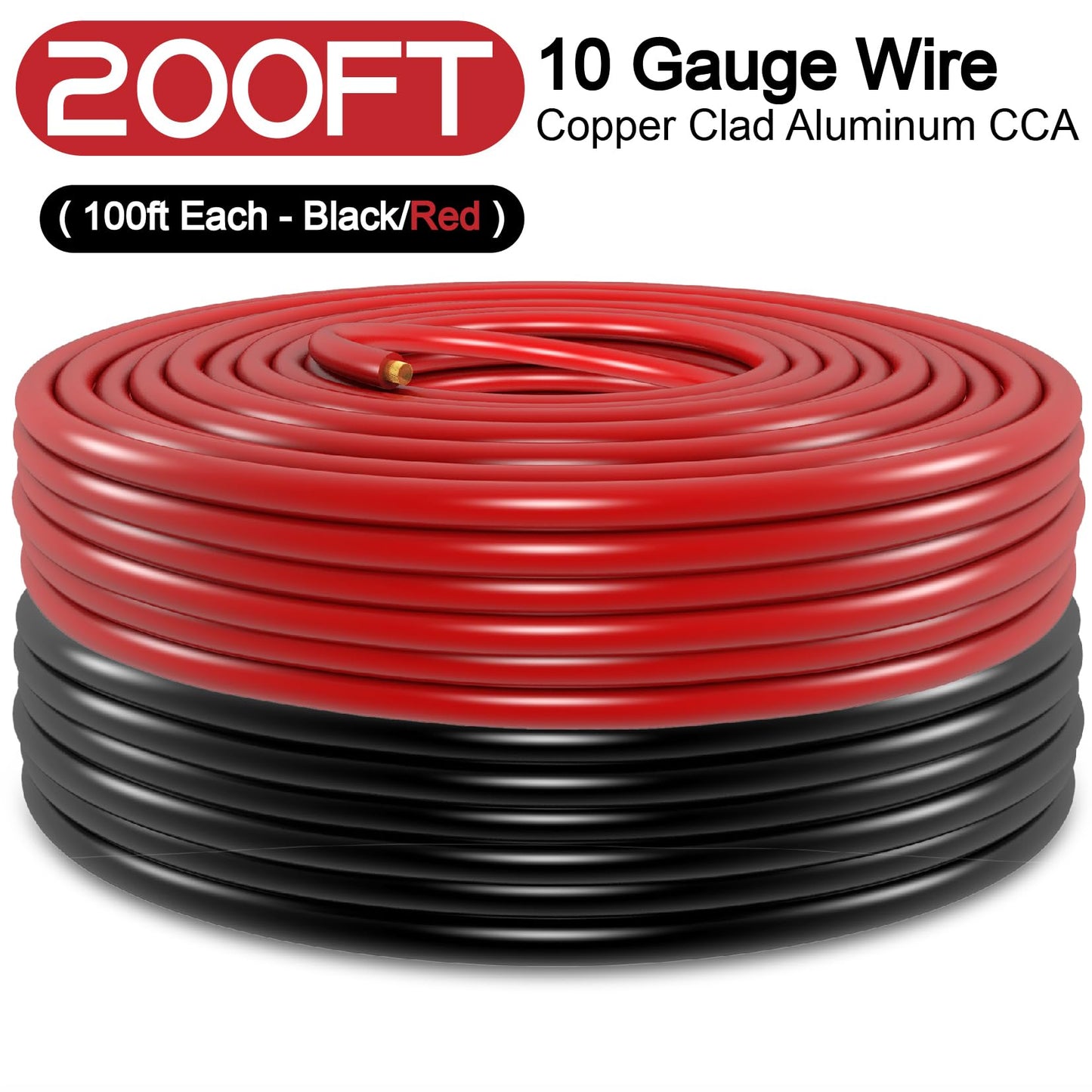 10 Gauge Wire (100ft Each- Black/Red) Copper Clad Aluminum CCA,20 pcs Lugs Terminal Connectors with 3:1 Heat Shrink Tube for Power/Auto,Amplifier,Ground Cable