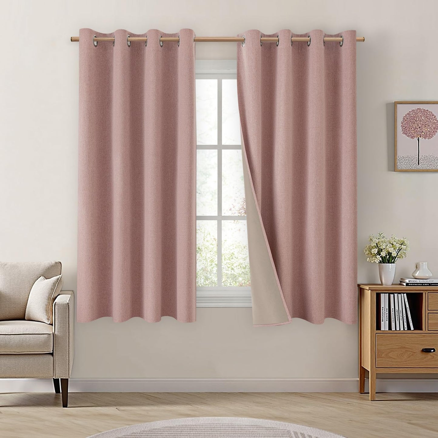 HOMEIDEAS 100% Blackout Curtains 63 Inch Length 2 Panels Faux Linen Curtains Blush Pink Room Darkening Curtains Thermal Insulated Grommet Window Curtains/Drapes with Liner for Nursery/Kids Room