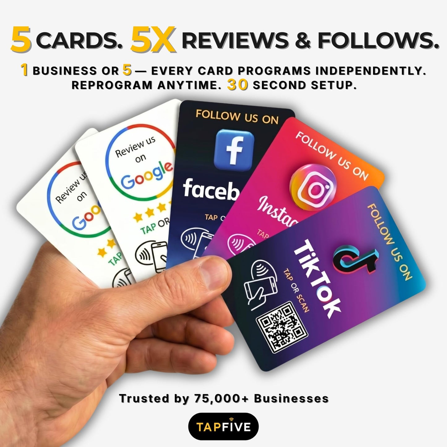 TapFive Google Review Tap Cards + Follow Us on Instagram Facebook TikTok Tap Cards (5-Pack) - Tap for Instant Reviews & Followers - All Phones Compatible - Reusable Tap NFC & QR (5-Pack Social Pack)