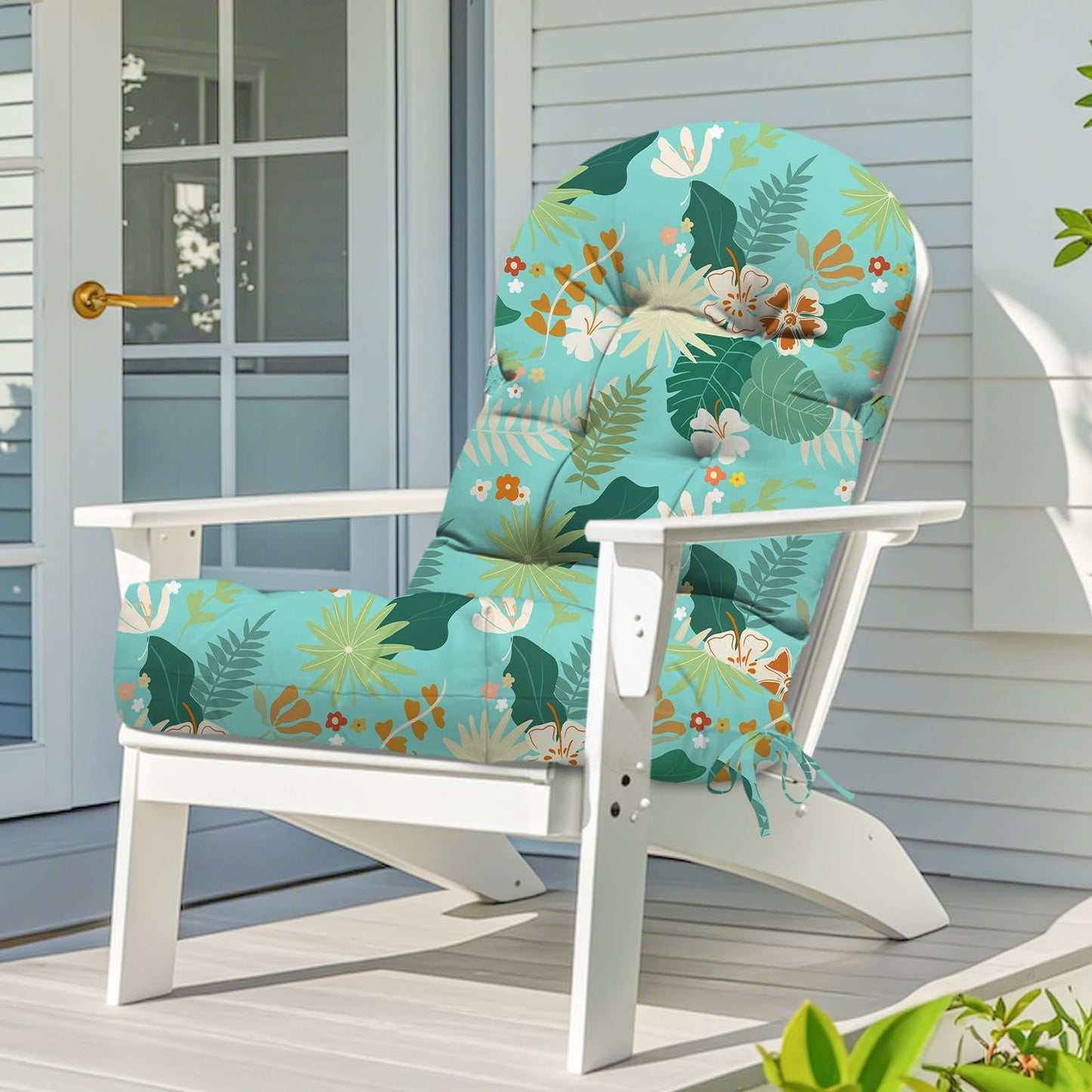 Waterproof Adirondack Chair Cushion, Thickened Adirondack Rocking Chair Cushion，Indoor Outdoor Rocking Chair Cushions High Back Patio Chair Cushions with Ties，43x19x4 Inches, Cyan Flower