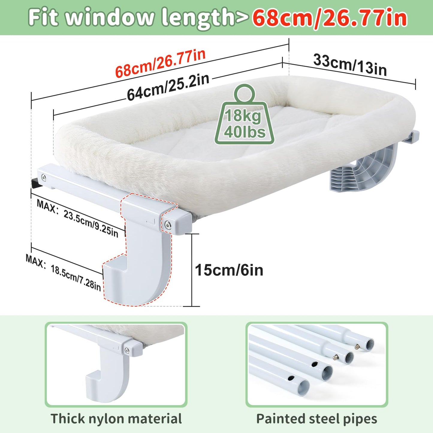 Sunhoo Cat Window Perch Hammock Cat Window Sill Bed No Drilling for Indoor Large Cats Adjustable Cordless Kitty Windowsill Ledge Seat Shelf Hamac Pour Chat Fenêtre Hold up to 18kg (White, L)