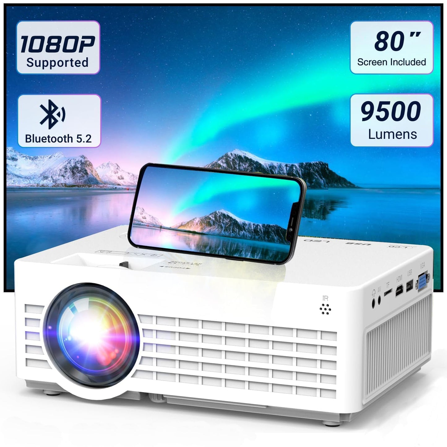 Mini Projector with Screen, 1080P Portable Projector with Bluetooth, Outdoor Movie Projector Compatible with TV Stick Smartphone & Tablet PC HDMI USB AV TF