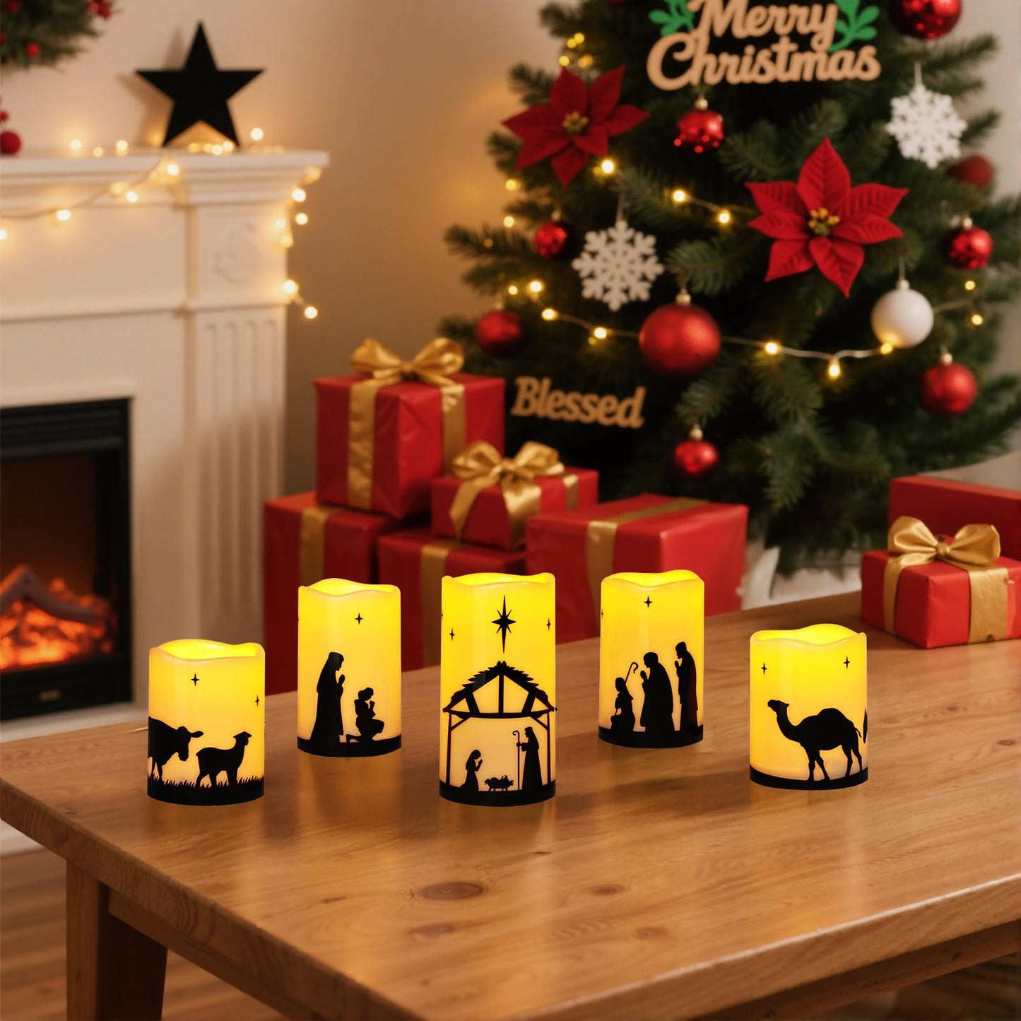 Christmas Decorations Indoor Outdoor - Nativity Set, Nativity Scene Candles with Remote Timer, Holiday Home Table Mantel Decor Centerpieces, Religious Gifts for Christians women, Flameless, Waterproof